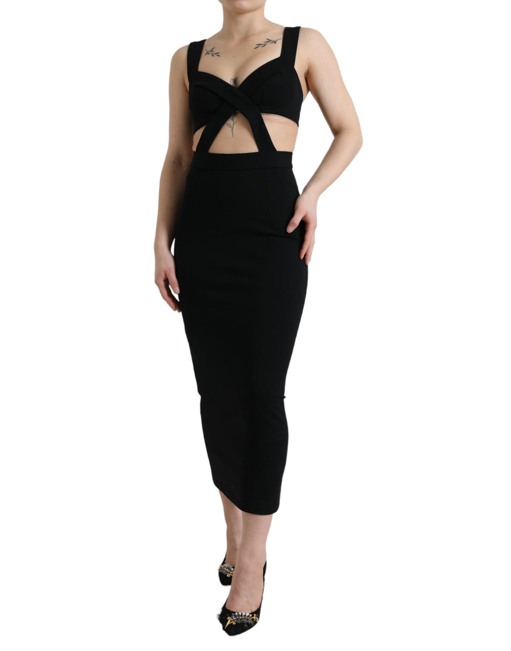 Dolce & Gabbana Schwarzes ausgeschnittenes ärmelloses Bodycon Midikleid