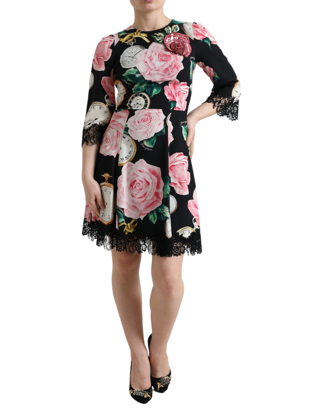 Dolce & Gabbana Schwarzes Kleid mit floraler Verzierung aus Spitze in A-Linie