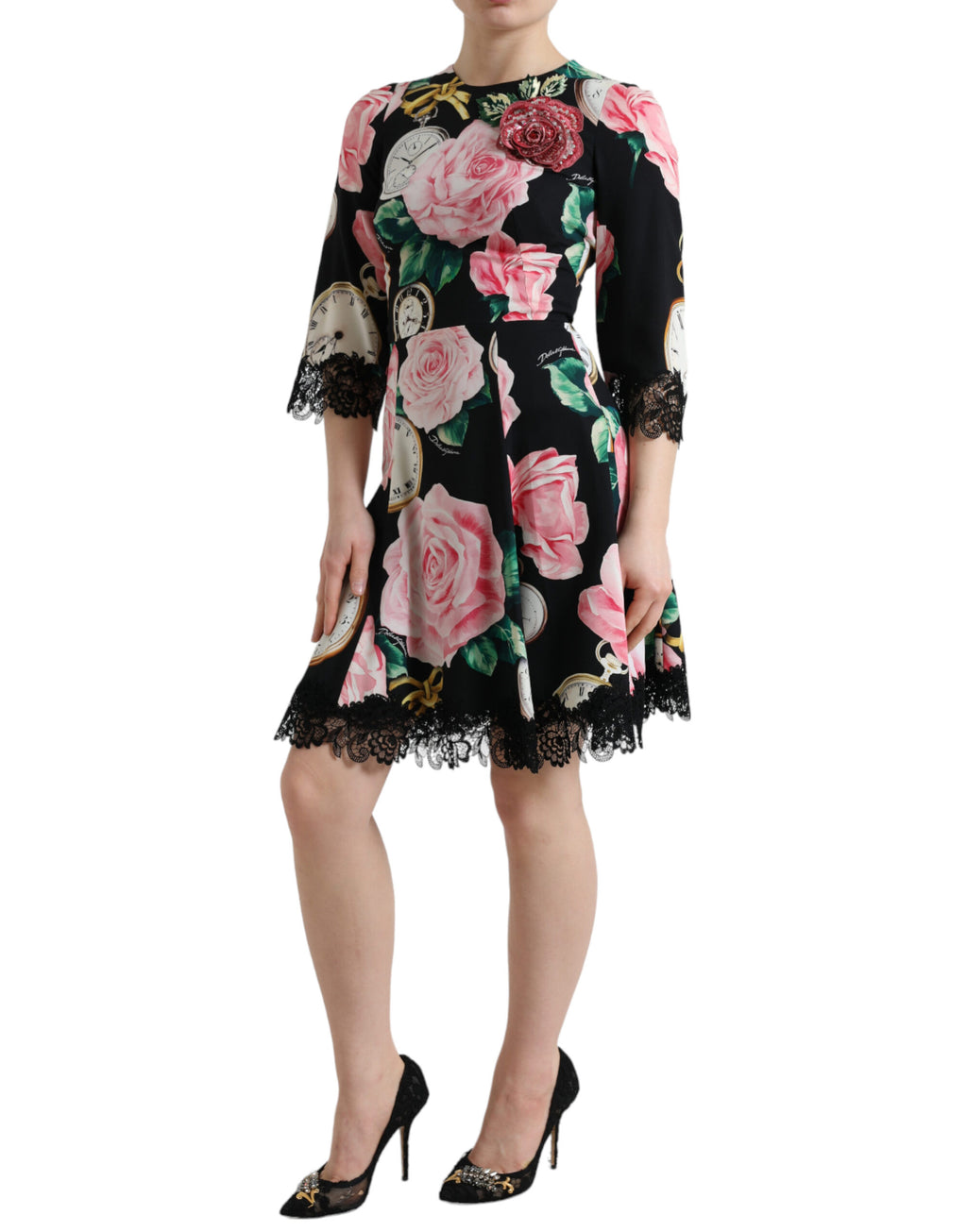 Dolce & Gabbana Schwarzes Kleid mit floraler Verzierung aus Spitze in A-Linie