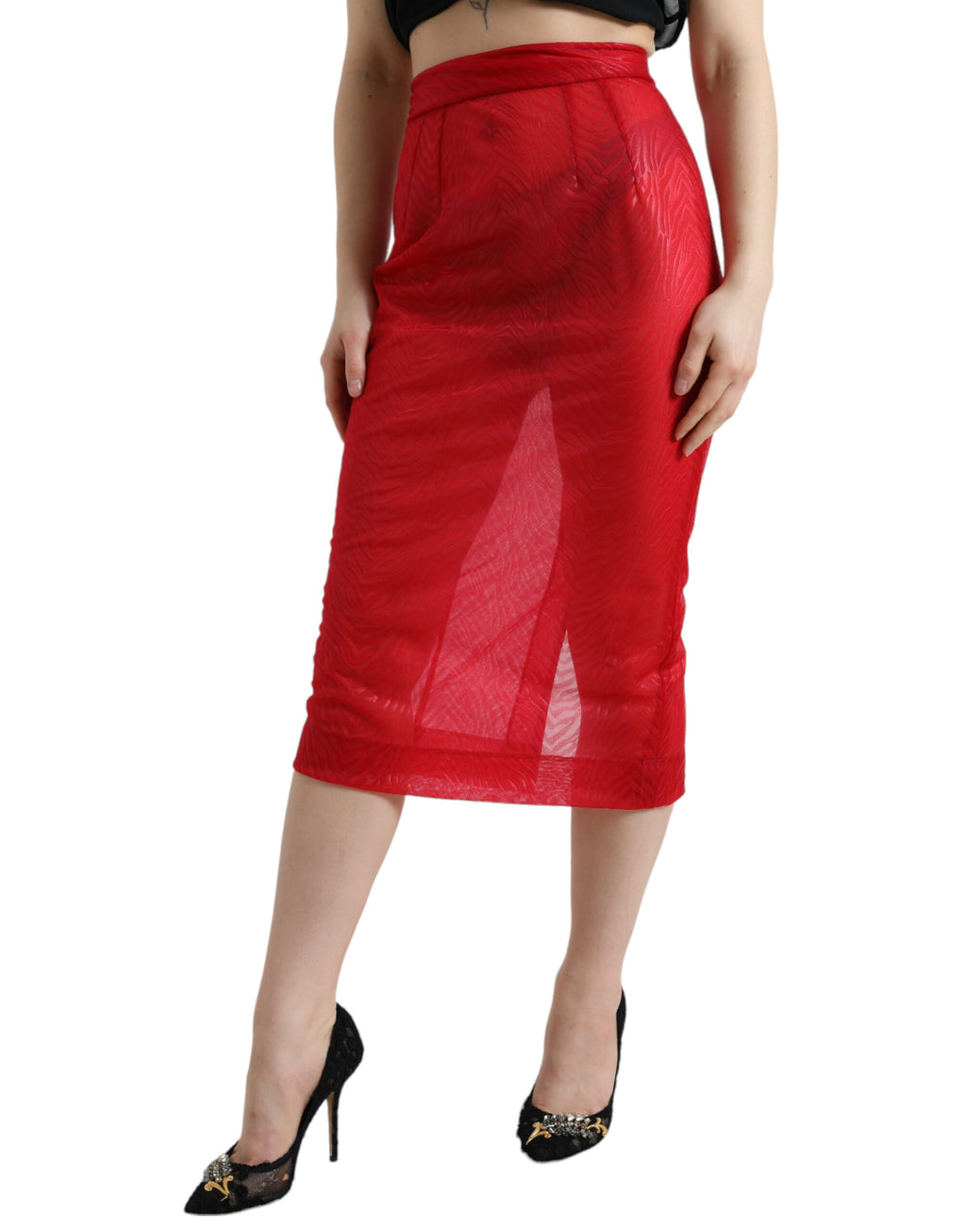 Dolce & Gabbana Red Sheer High Waist Pencil Midi Skirt