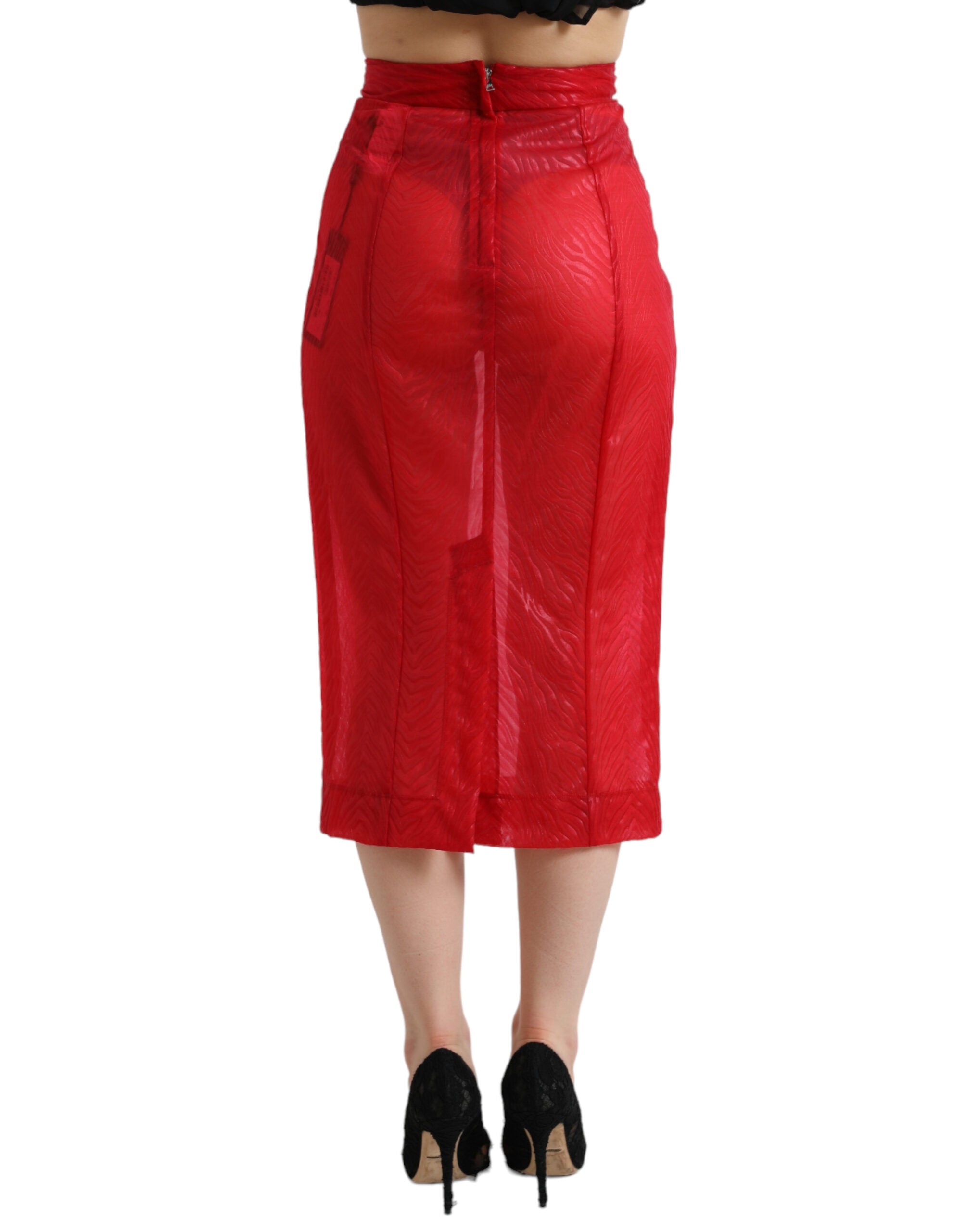 Dolce & Gabbana Red Sheer High Waist Pencil Midi Skirt
