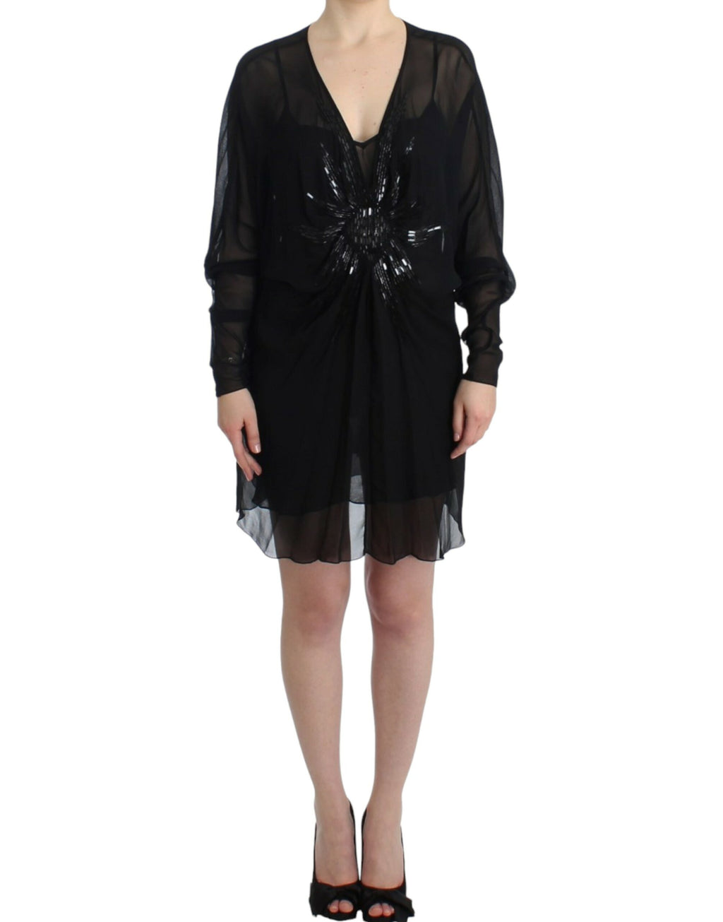 Cavalli Black Long-Sleeved Silk Dress