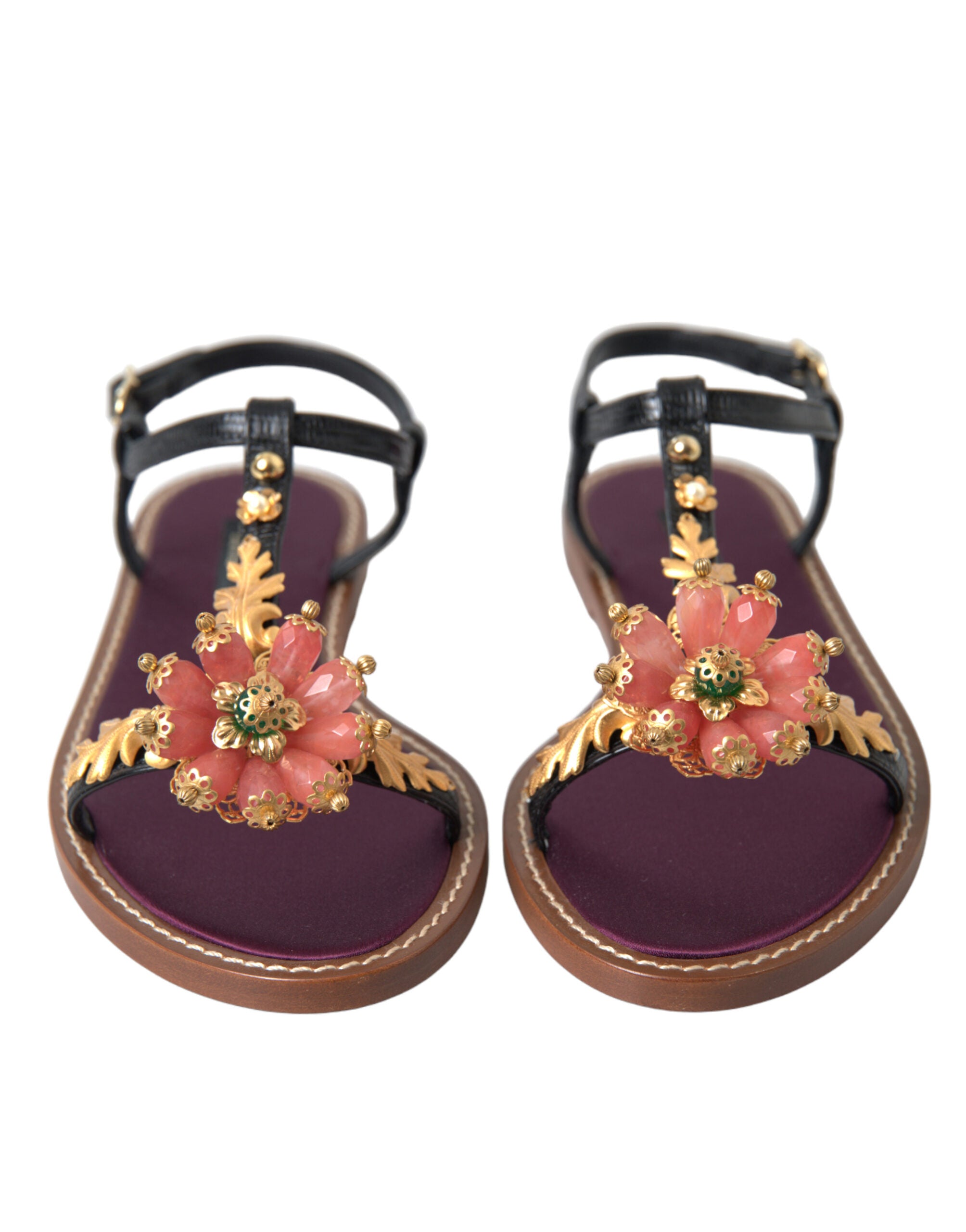 Dolce & Gabbana Schwarz Kristall Gold Sandalen Leder Schuhe
