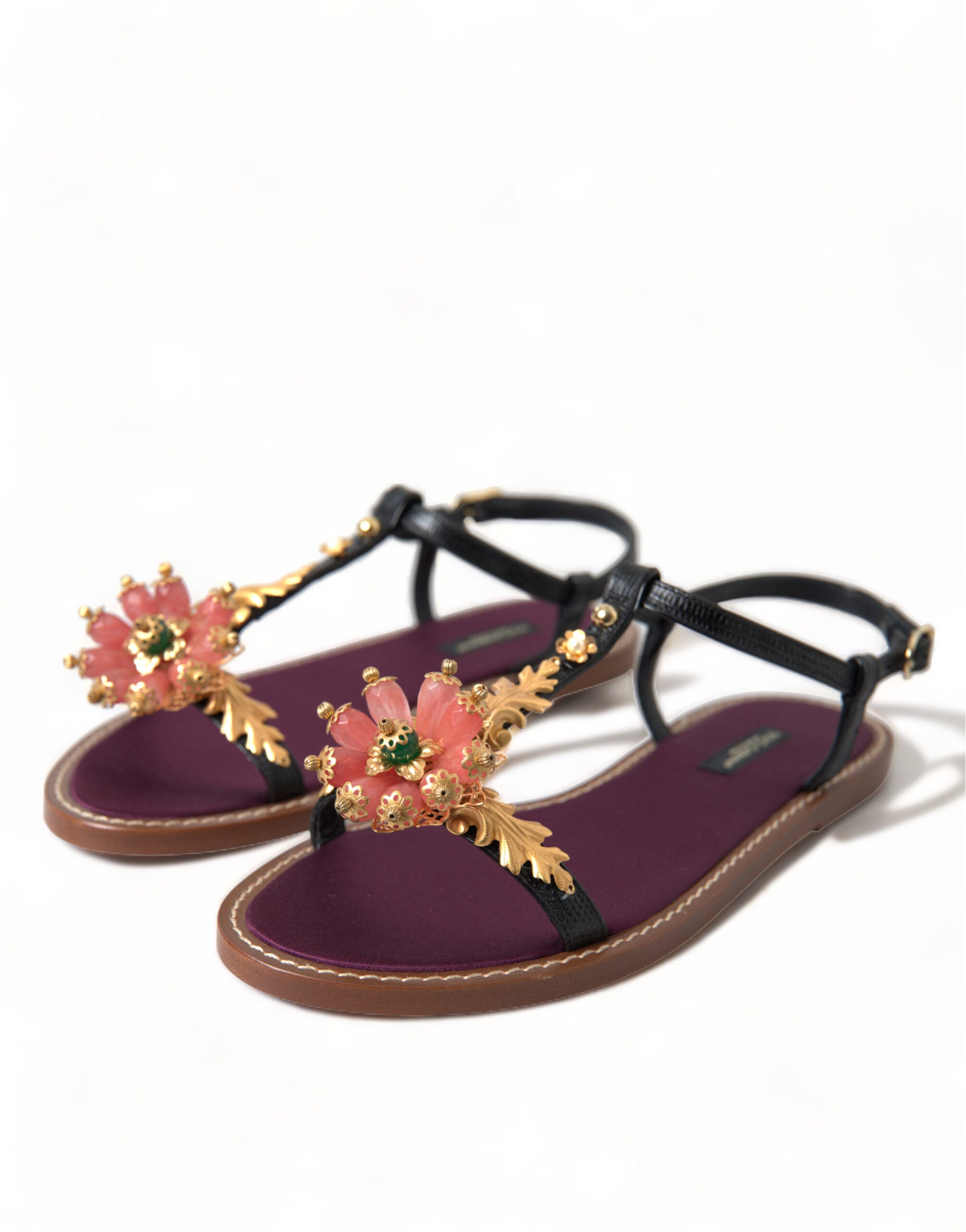 Dolce & Gabbana Schwarz Kristall Gold Sandalen Leder Schuhe