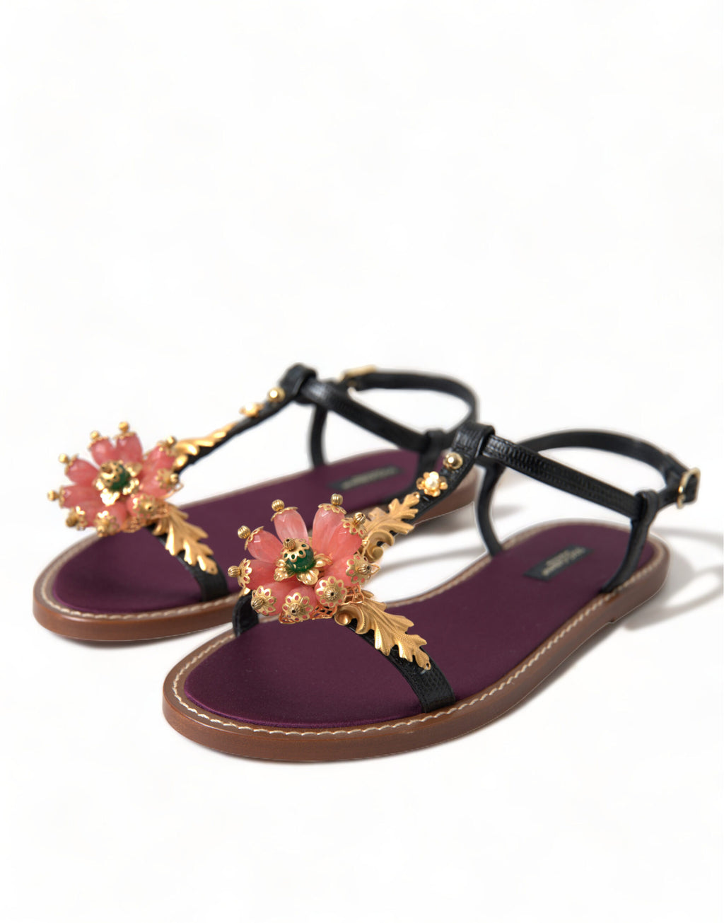 Dolce & Gabbana Schwarz Kristall Gold Sandalen Leder Schuhe