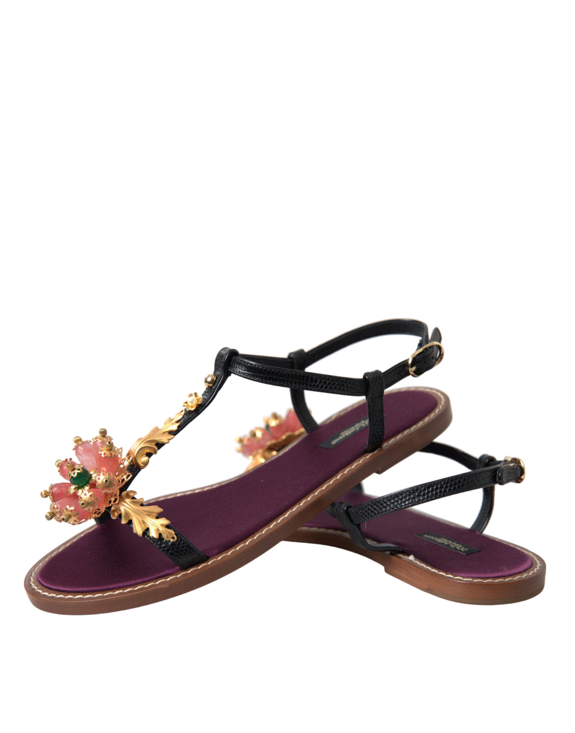 Dolce & Gabbana Schwarz Kristall Gold Sandalen Leder Schuhe