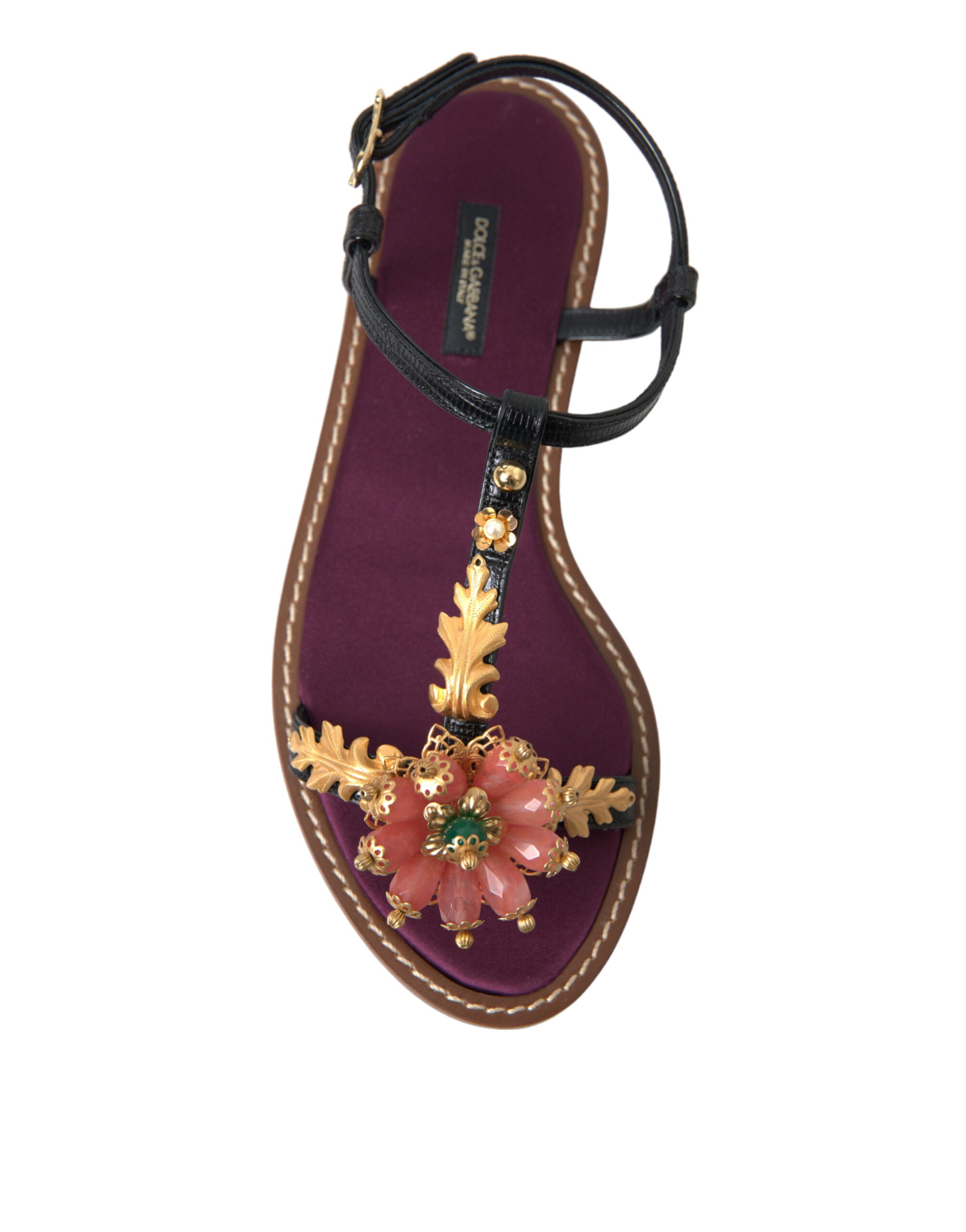 Dolce & Gabbana Schwarz Kristall Gold Sandalen Leder Schuhe