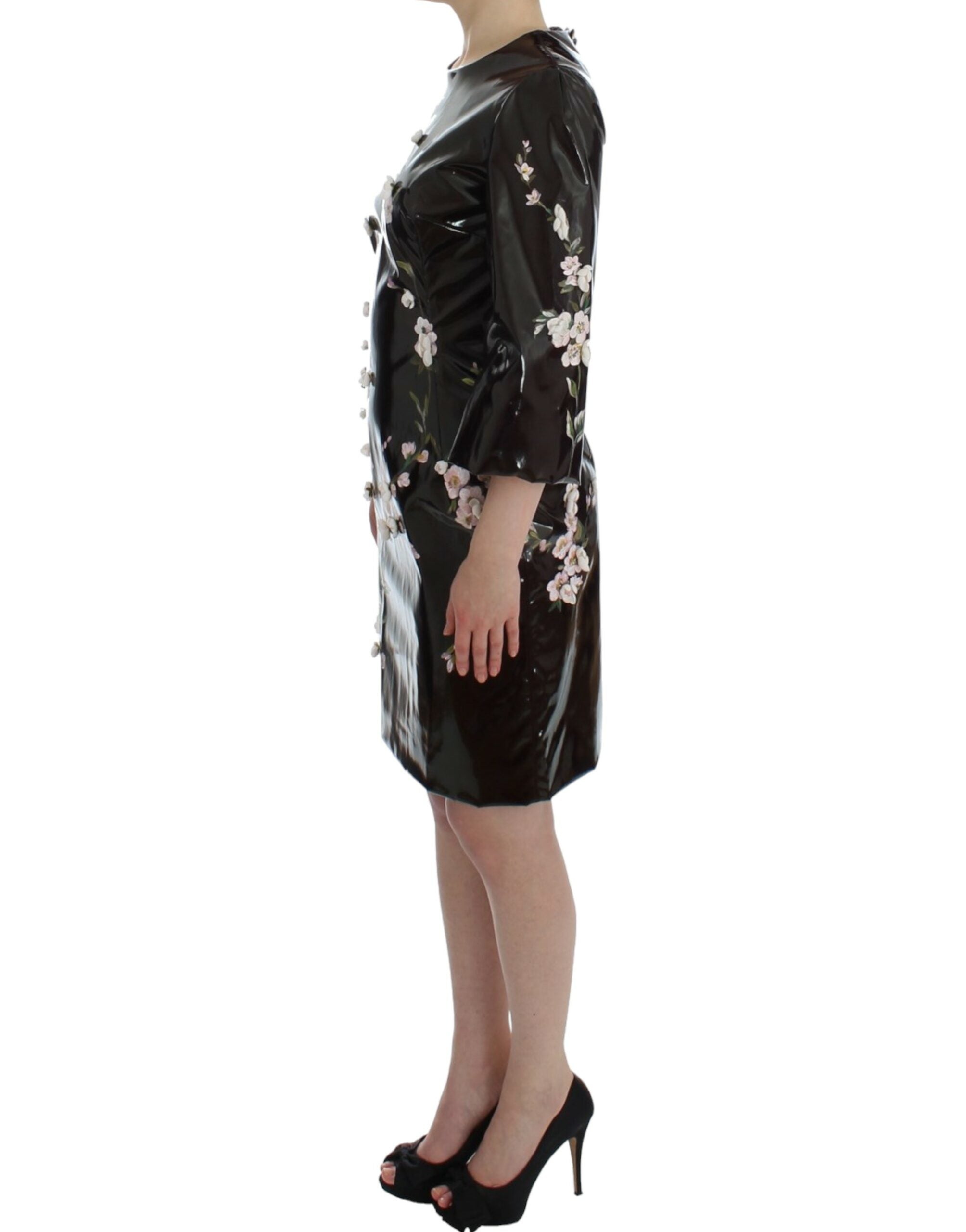 Dolce & Gabbana Schwarzes geblümtes 3/4-Ärmel-Etuikleid