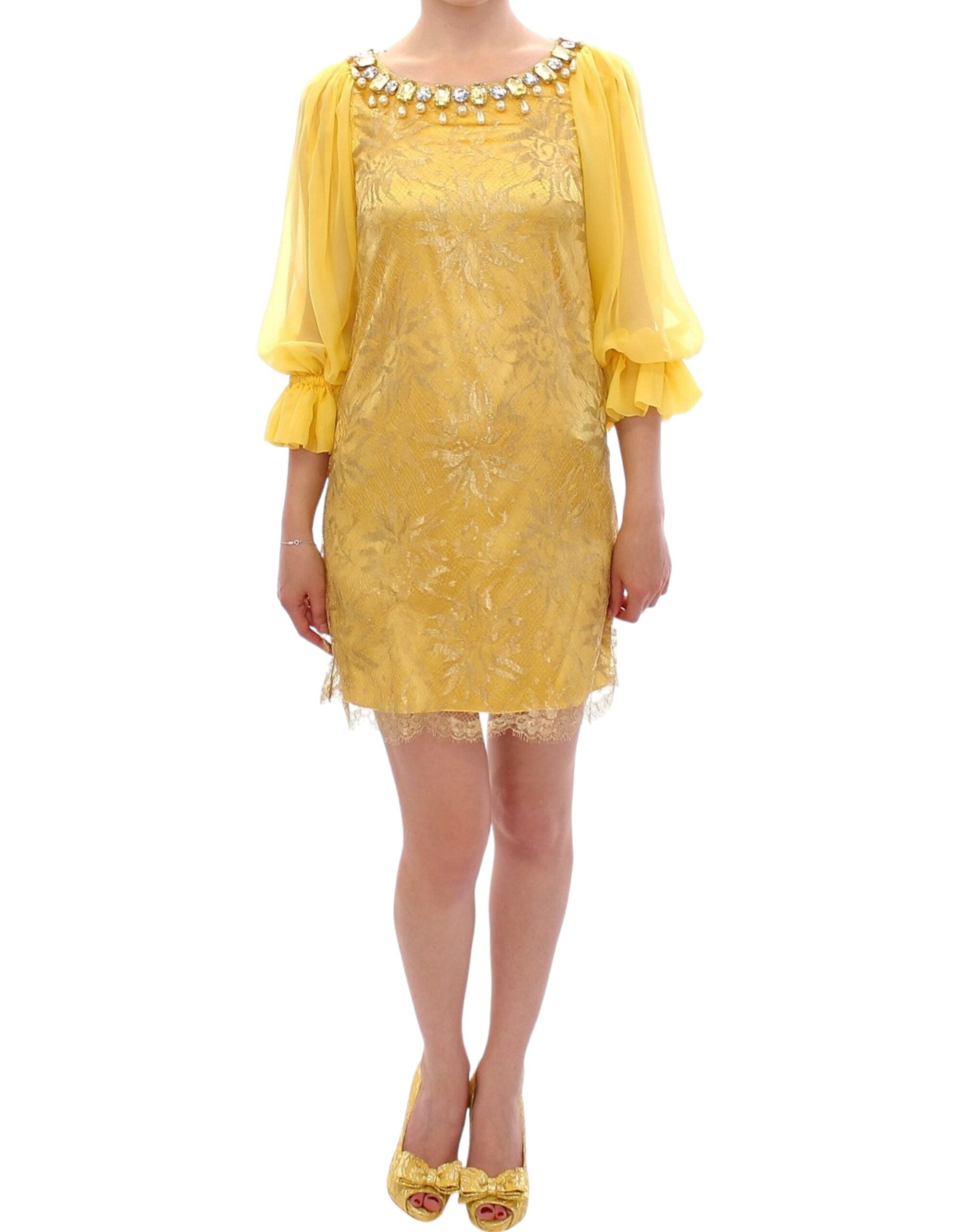 Dolce & Gabbana Gelbes Spitzen-Kristall-Minikleid