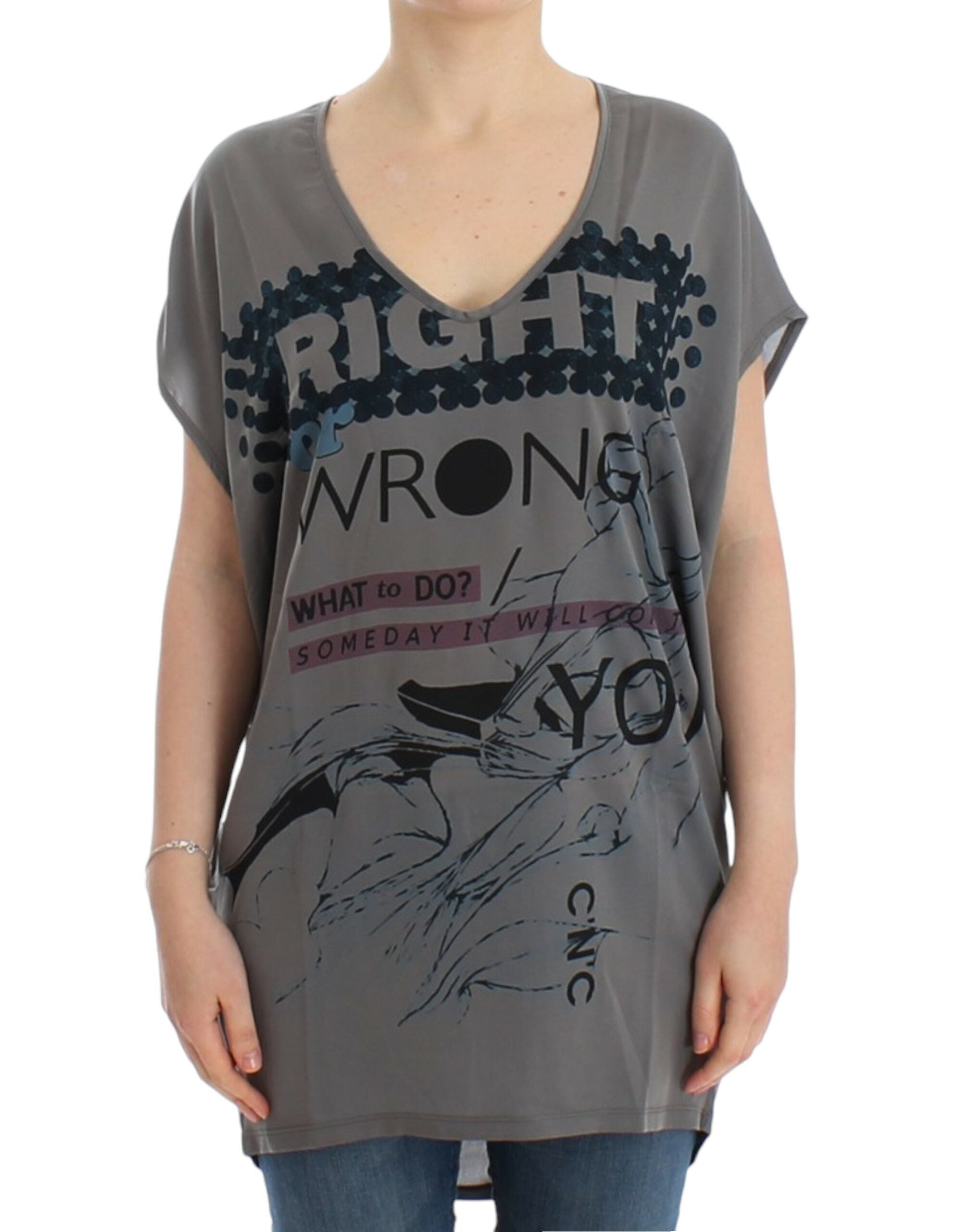 Costume National Gray Long V-Neck T-Shirt