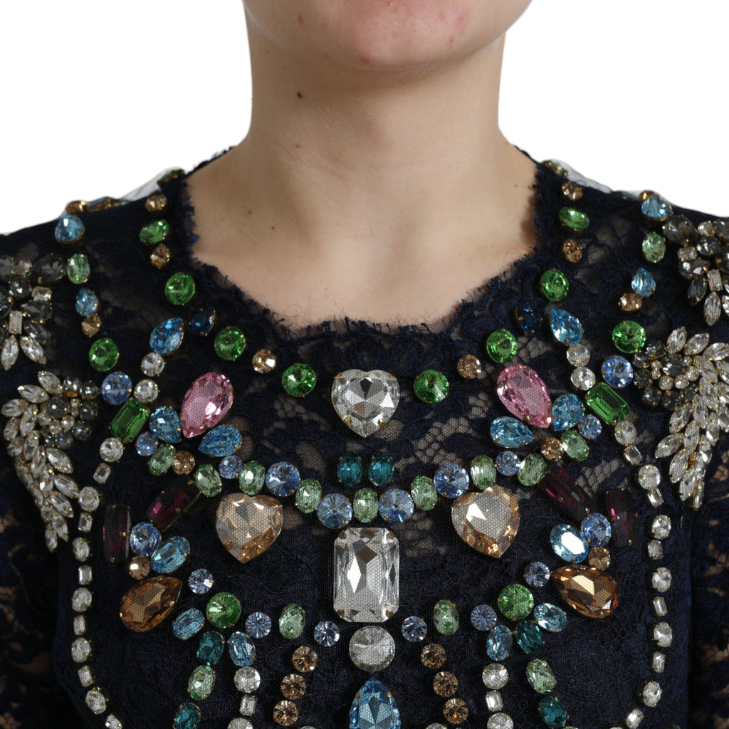 Dolce & Gabbana Blaues Kleid aus geblümter Spitze mit Kristall