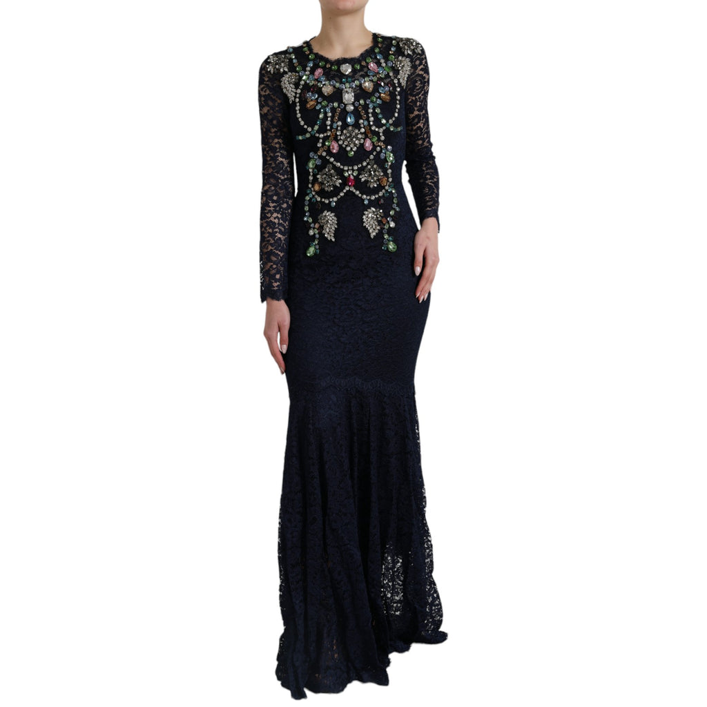 Dolce & Gabbana Blaues Kleid aus geblümter Spitze mit Kristall