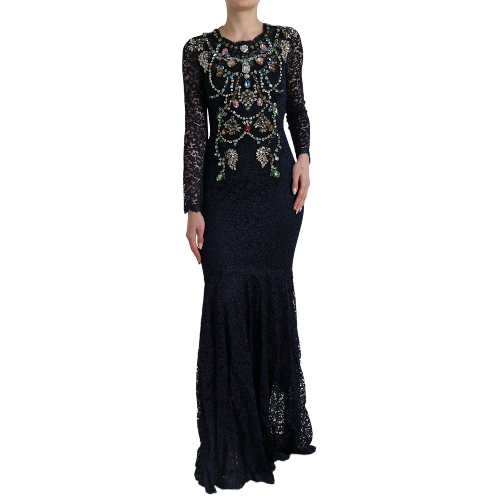 Dolce & Gabbana Blaues Kleid aus geblümter Spitze mit Kristall