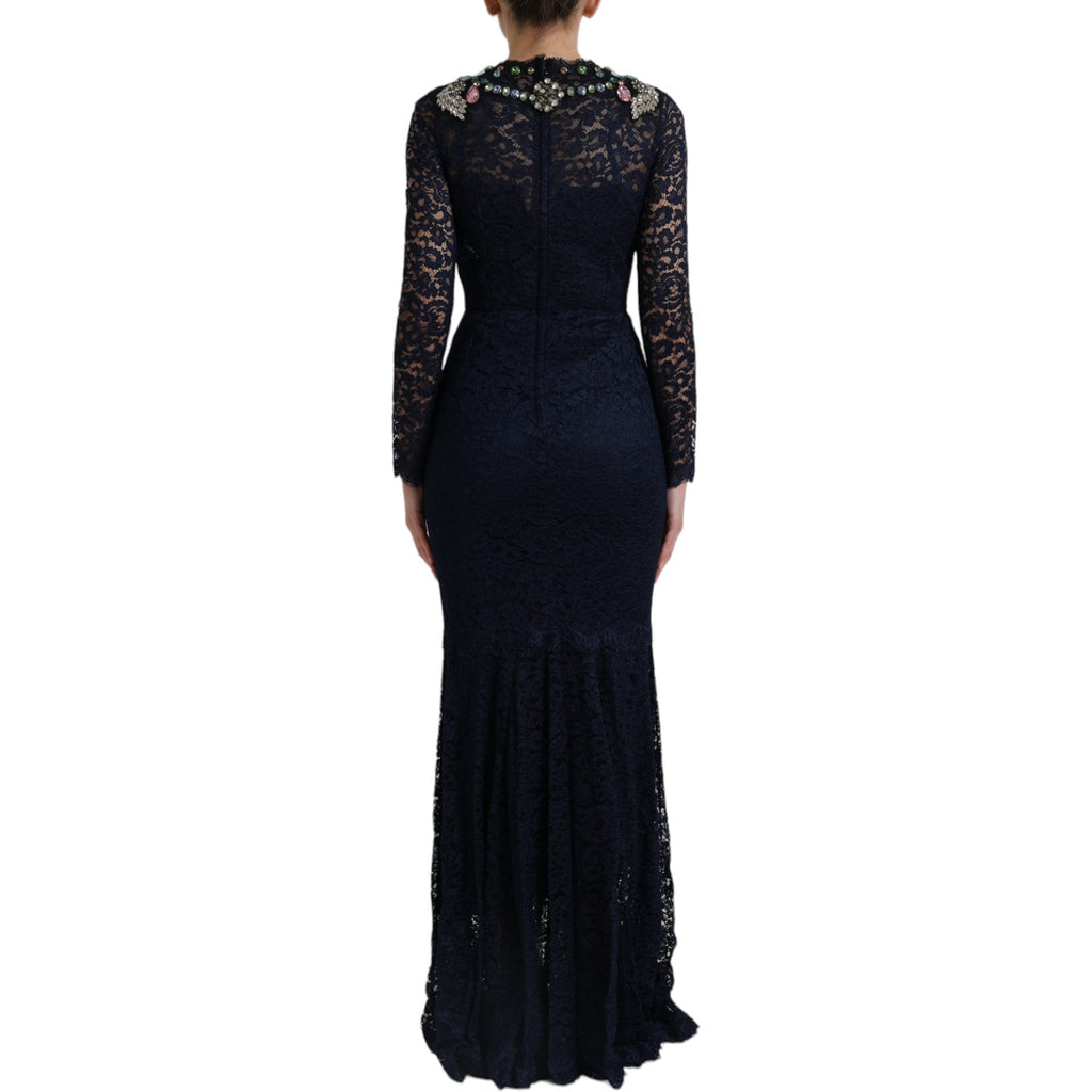 Dolce & Gabbana Blaues Kleid aus geblümter Spitze mit Kristall