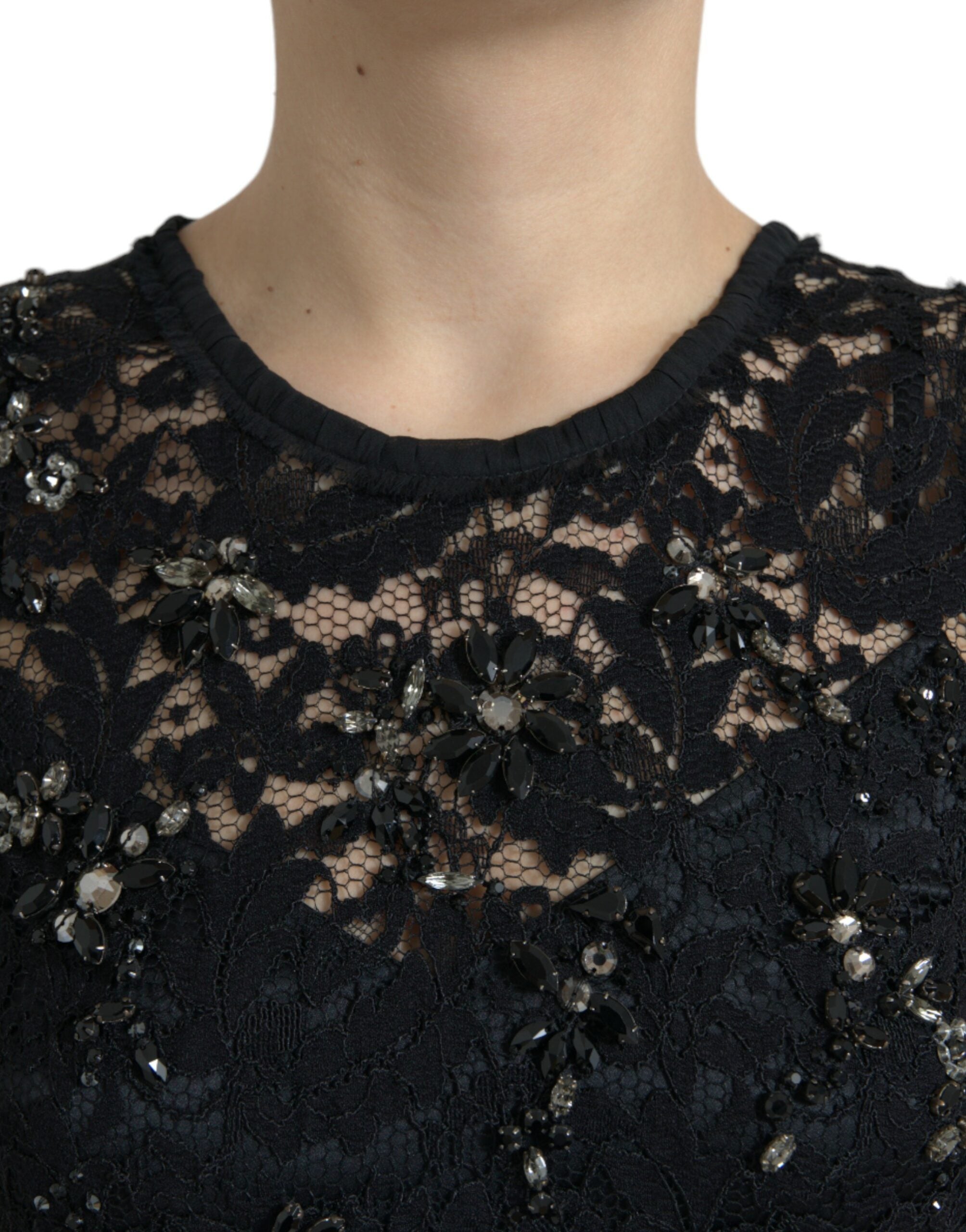 Dolce & Gabbana Black Sheath Dress with Floral Lace and Crystal