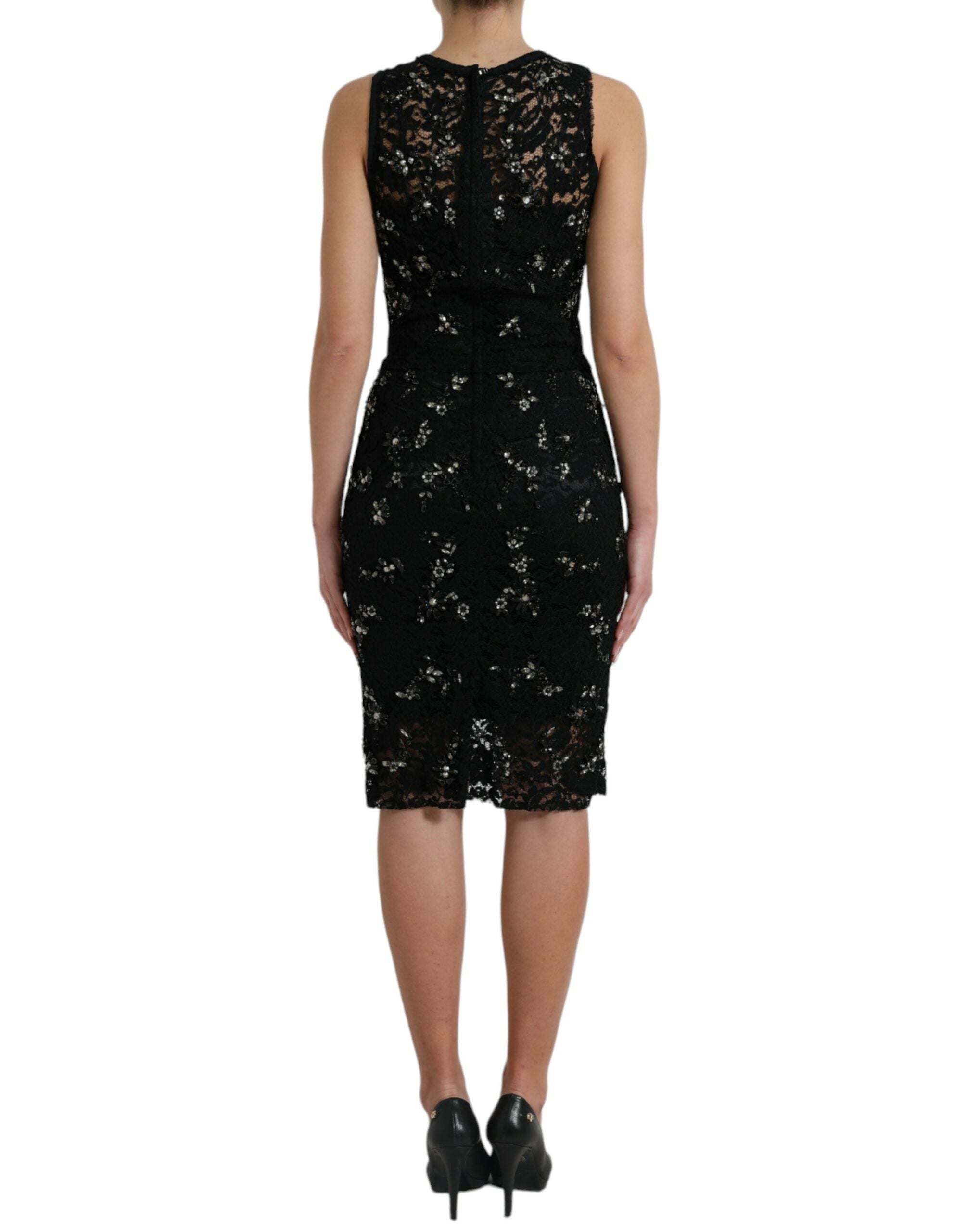 Dolce & Gabbana Black Sheath Dress with Floral Lace and Crystal