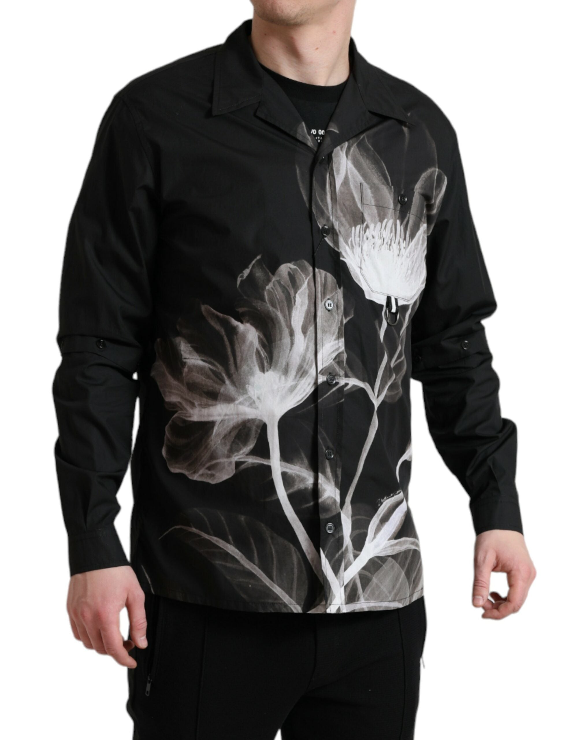 Dolce & Gabbana Schwarzes Baumwollhemd mit Blumenmuster und langen Ärmeln für Männer