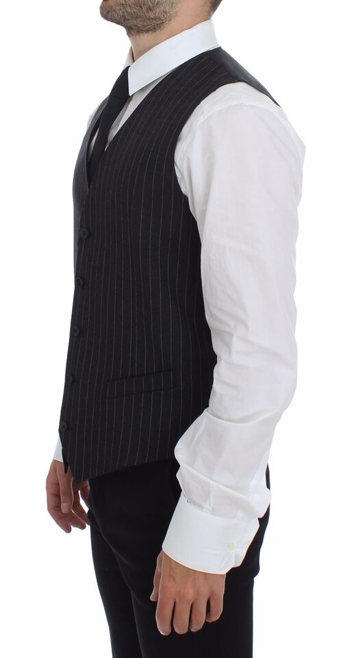 Dolce & Gabbana Grey Striped Wool Logo Gilet Vest