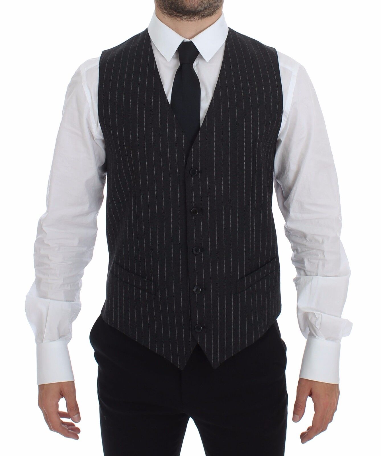 Dolce & Gabbana Grey Striped Wool Logo Gilet Vest