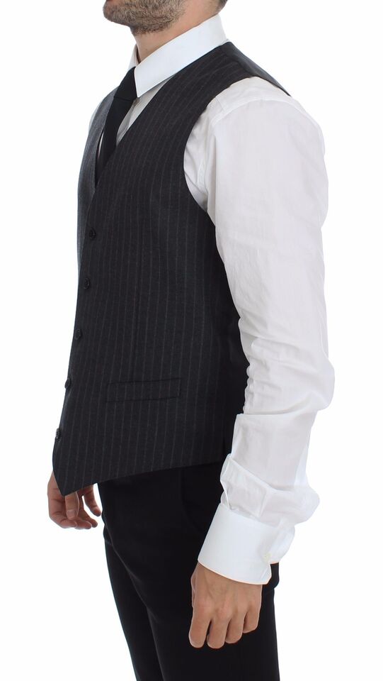 Dolce & Gabbana Grey Striped Wool Logo Gilet Vest