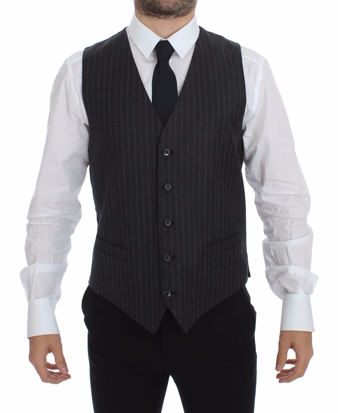 Dolce & Gabbana Grey Striped Wool Logo Gilet Vest
