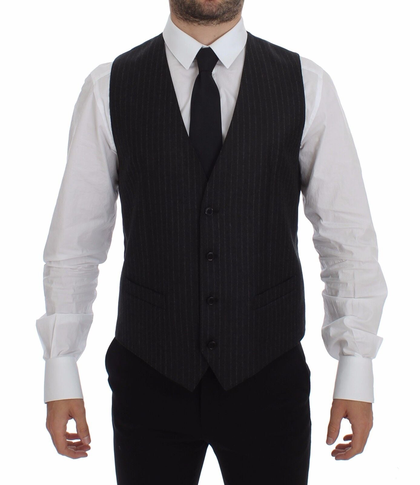Dolce & Gabbana Gray Striped Wool Vest Logo Vest Gilet Vests