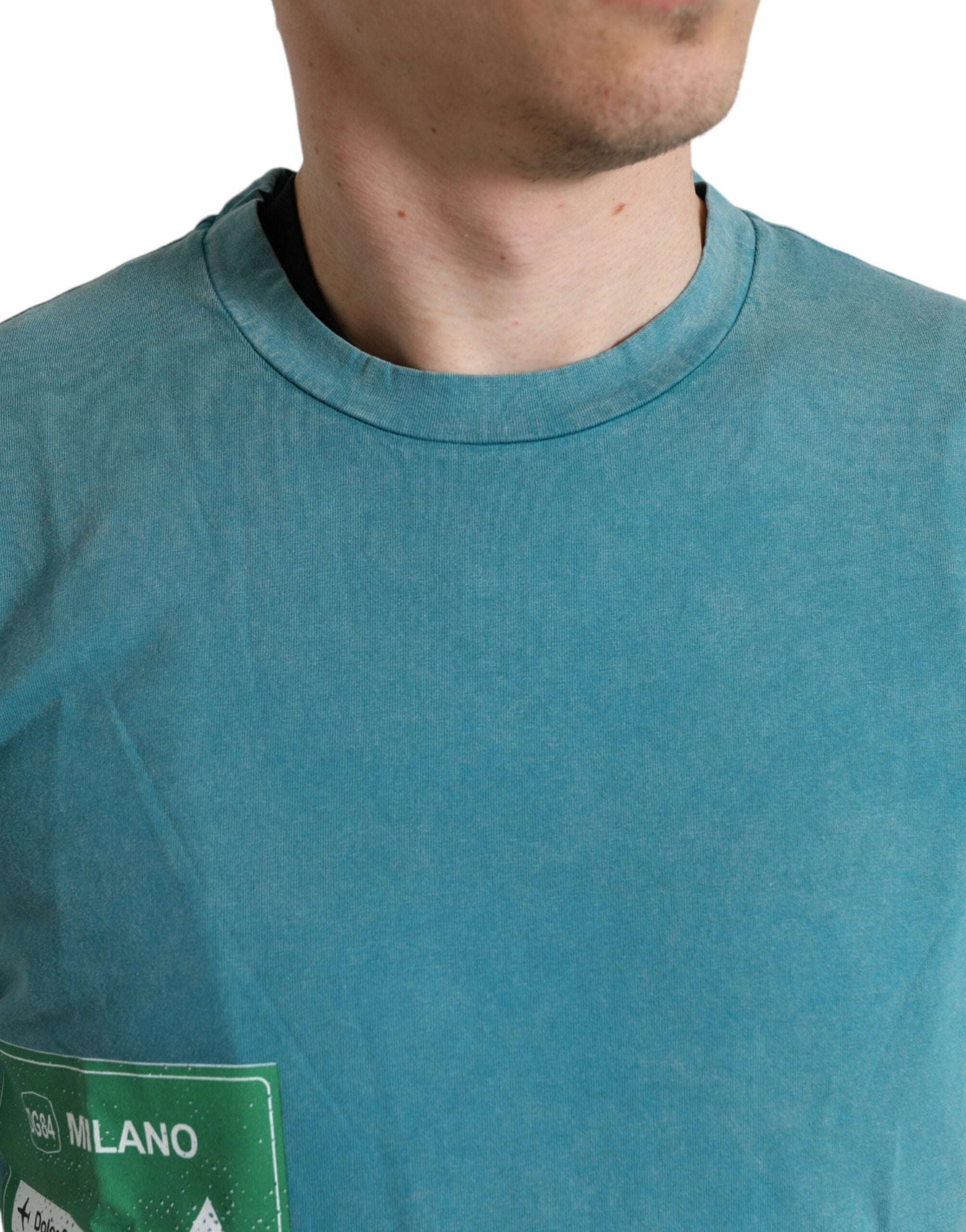 Dolce & Gabbana Blaues Baumwoll-T-Shirt mit Rundhalsausschnitt Milano Street