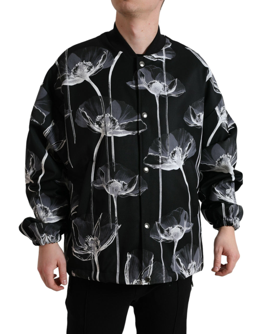 Dolce & Gabbana Black Floral Print Wool Bomber Jacket with Button Placket