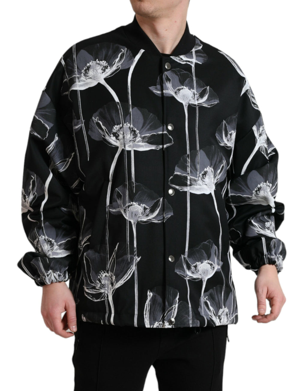 Dolce & Gabbana Black Floral Print Wool Bomber Jacket with Button Placket