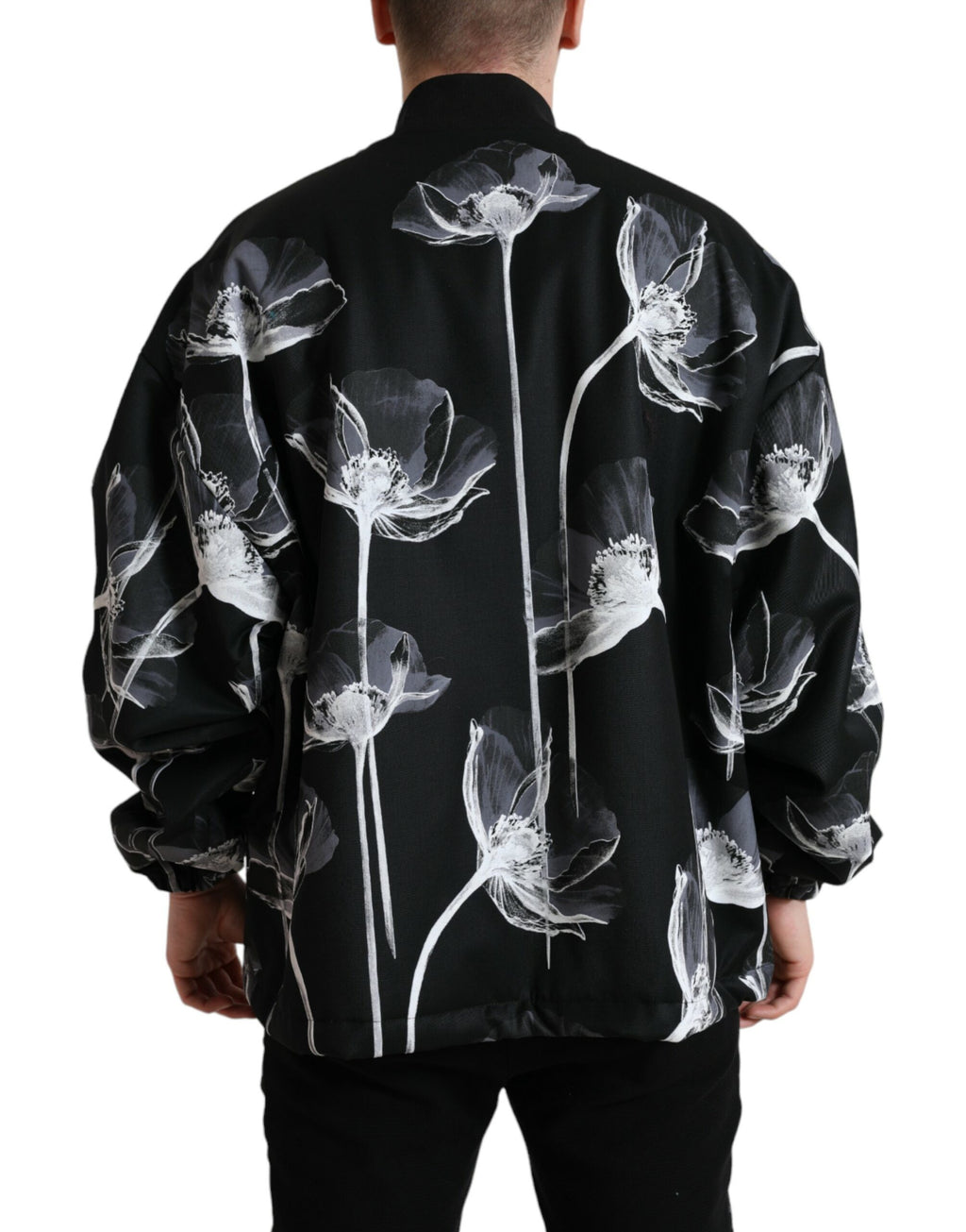 Dolce & Gabbana Black Floral Print Wool Bomber Jacket with Button Placket