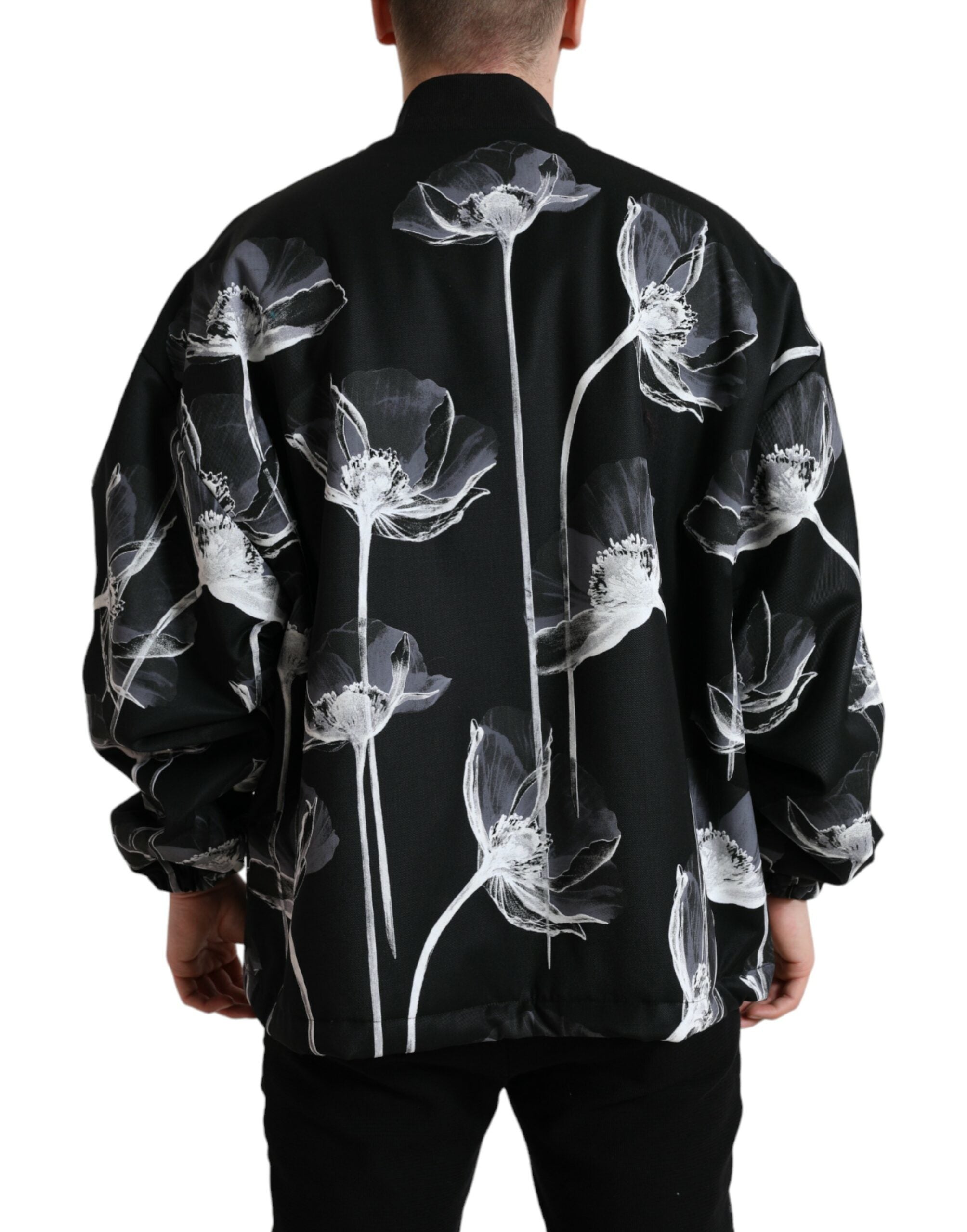 Dolce & Gabbana Black Floral Print Wool Bomber Jacket with Button Placket