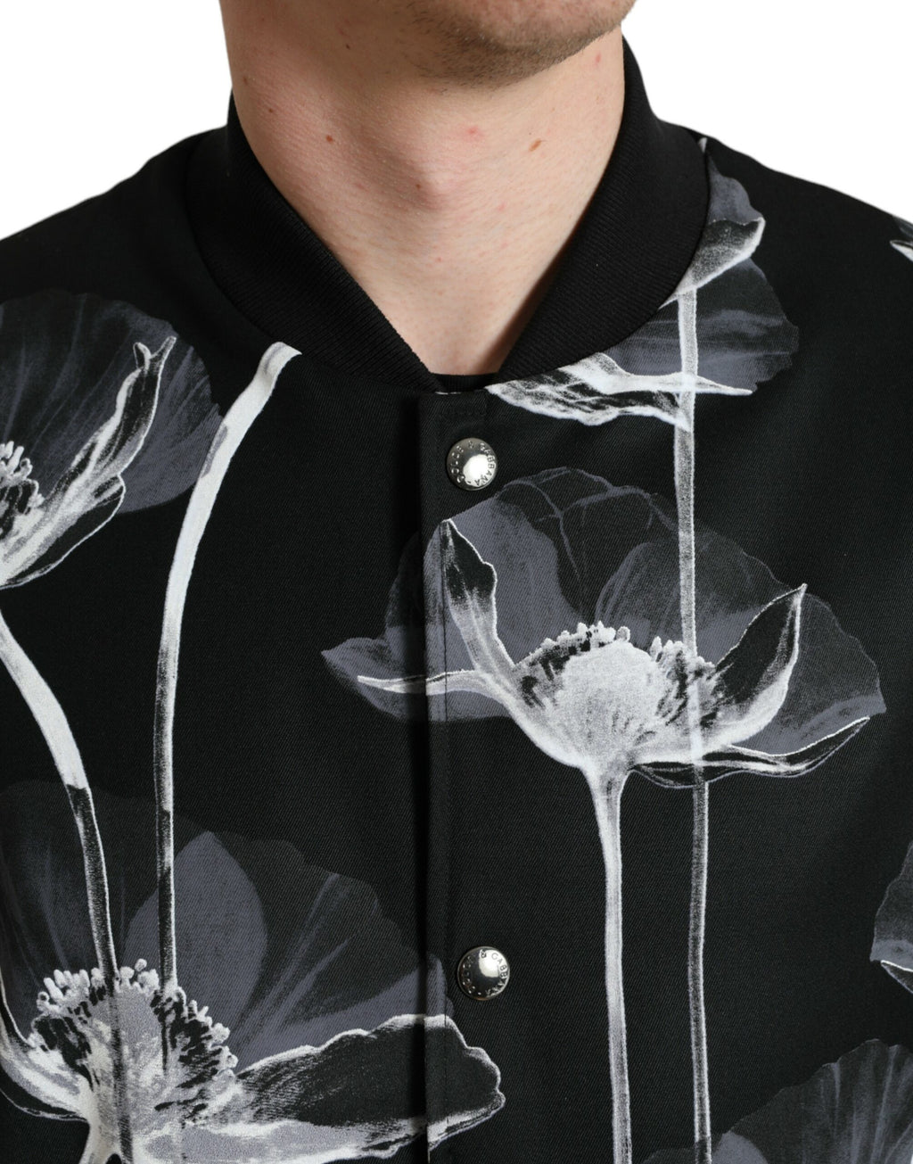 Dolce & Gabbana Black Floral Print Wool Bomber Jacket with Button Placket