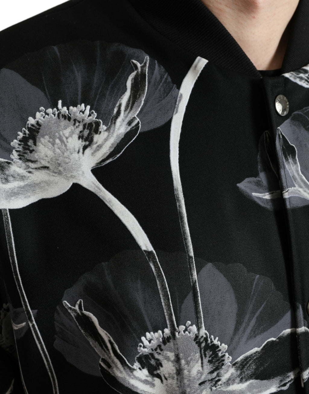Dolce & Gabbana Black Floral Print Wool Bomber Jacket with Button Placket