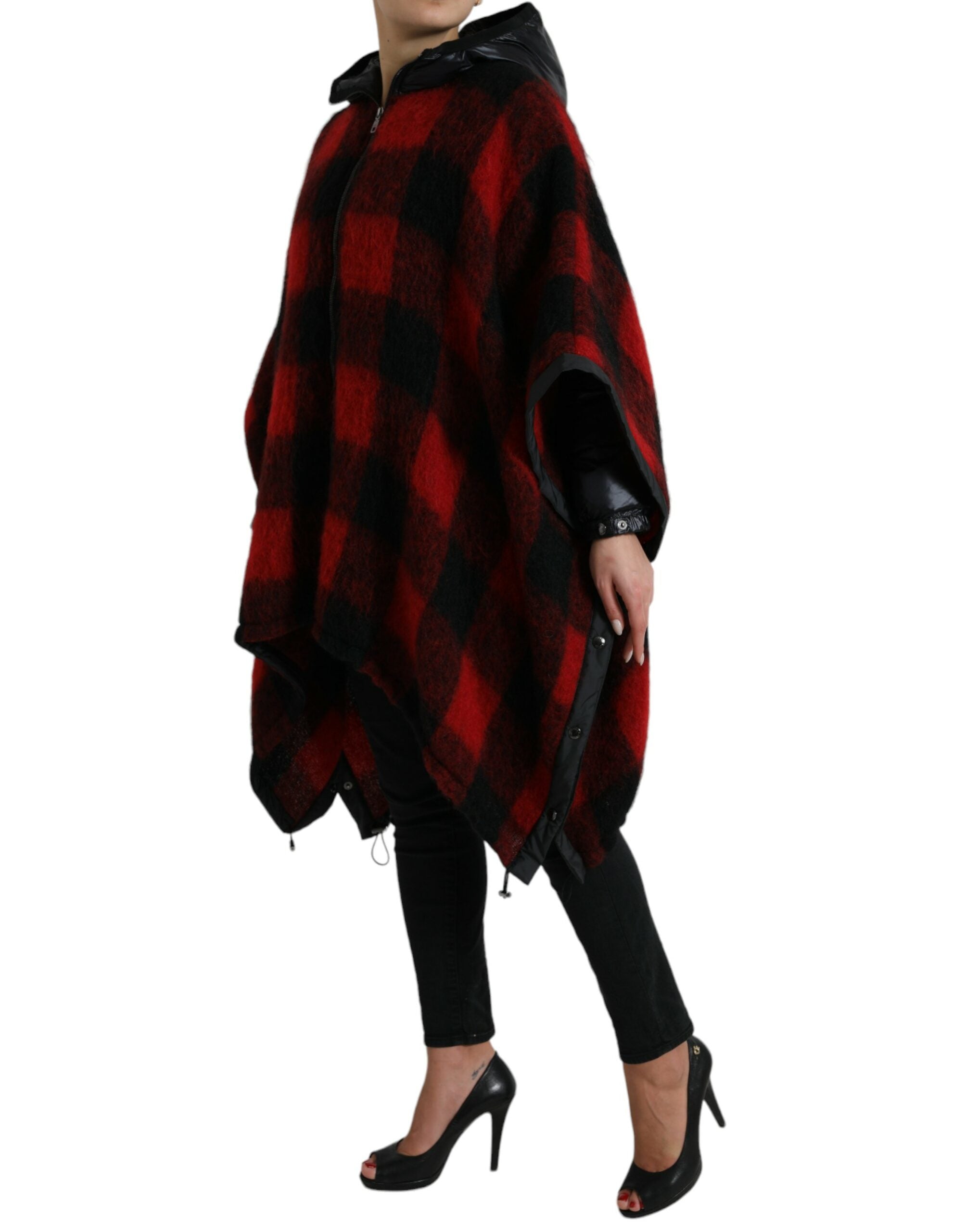 Dolce & Gabbana Black Red Buffalo Check Poncho Jacket with Hood