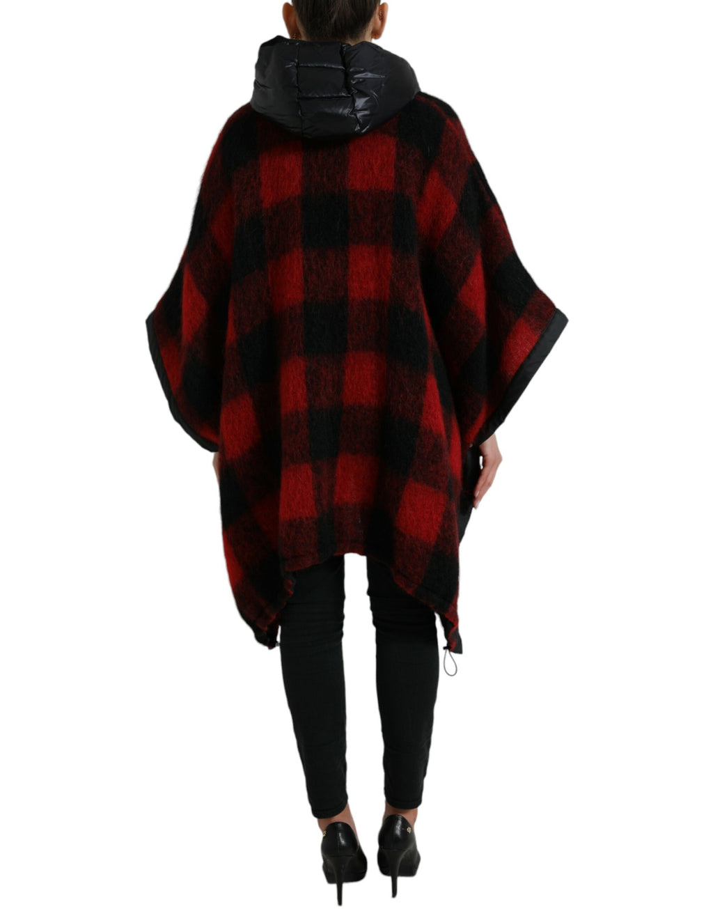 Dolce & Gabbana Black Red Buffalo Check Poncho Jacket with Hood