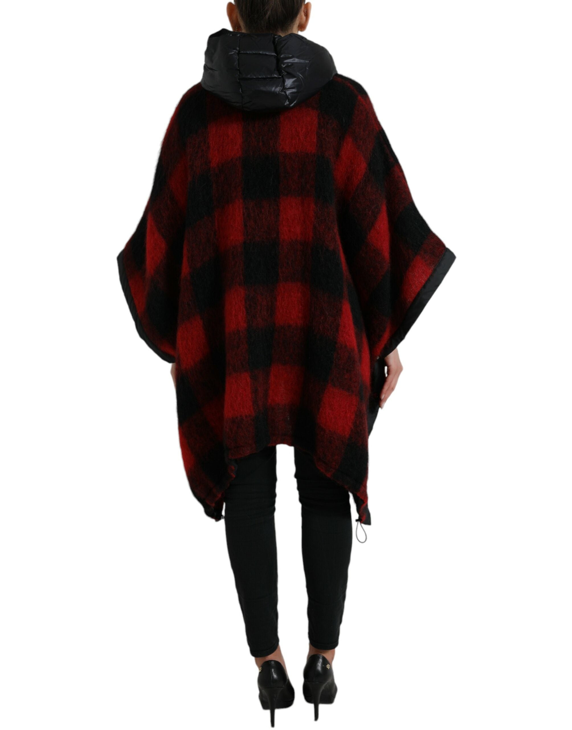 Dolce & Gabbana Black Red Buffalo Check Poncho Jacket with Hood