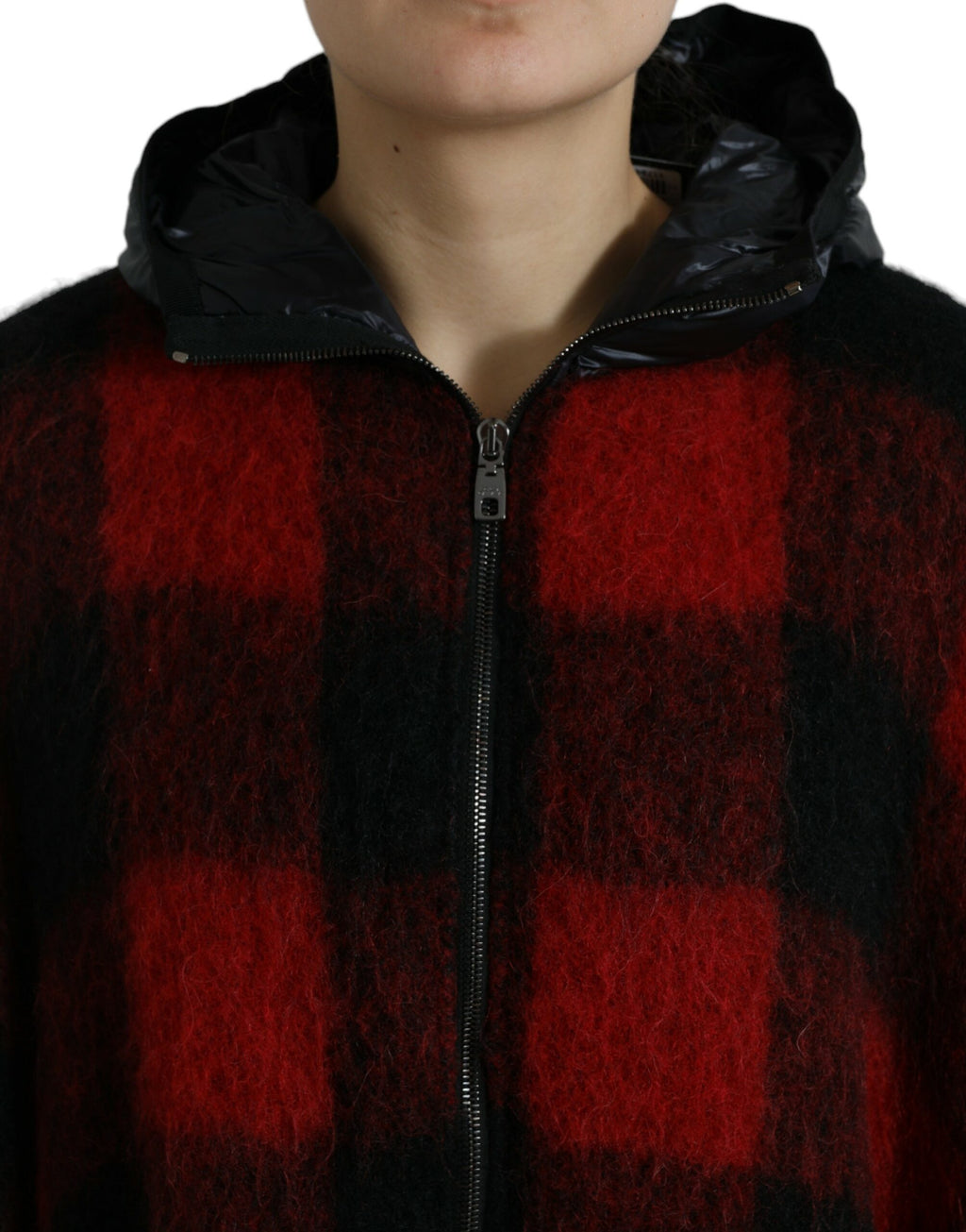 Dolce & Gabbana Black Red Buffalo Check Poncho Jacket with Hood
