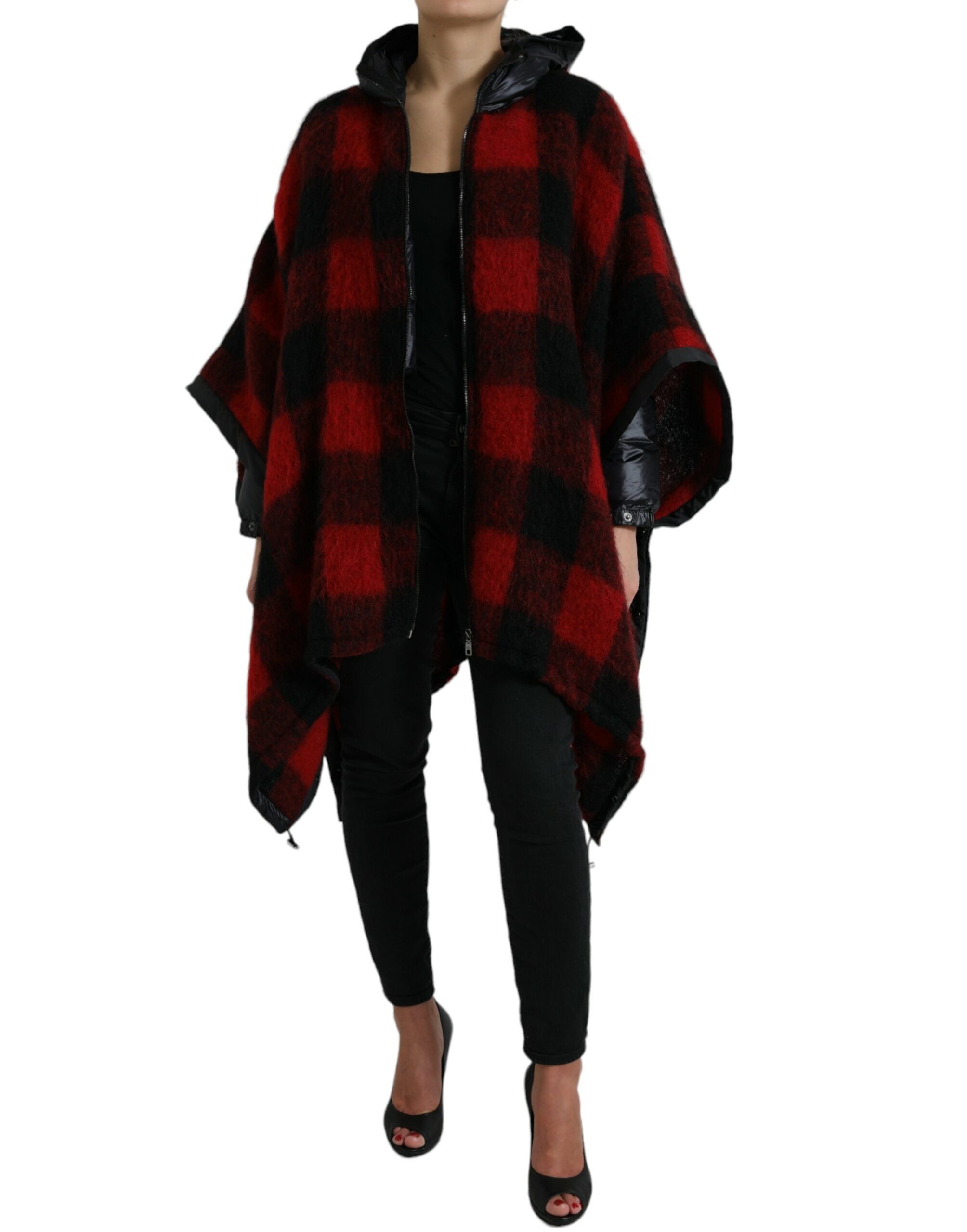 Dolce & Gabbana Black Red Buffalo Check Poncho Jacket with Hood