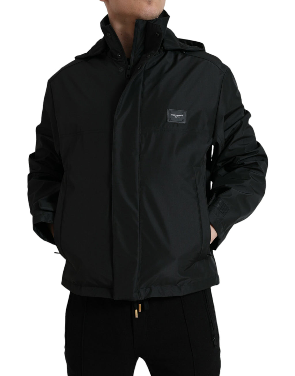 Dolce & Gabbana Schwarze Polyester-Logo-Plakette Kapuzenjacke