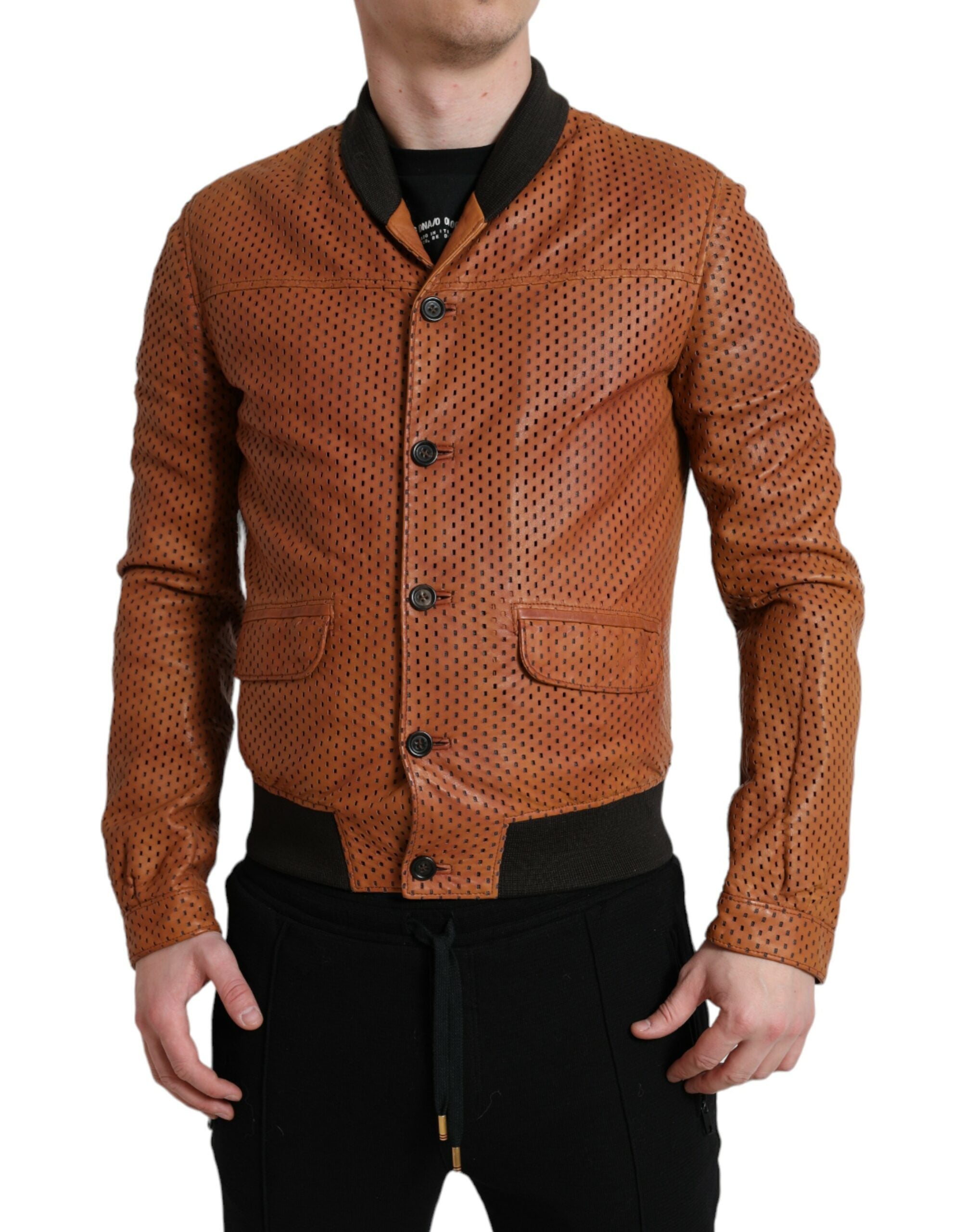 Dolce & Gabbana Braune Lammfelllederjacke mit Perforation