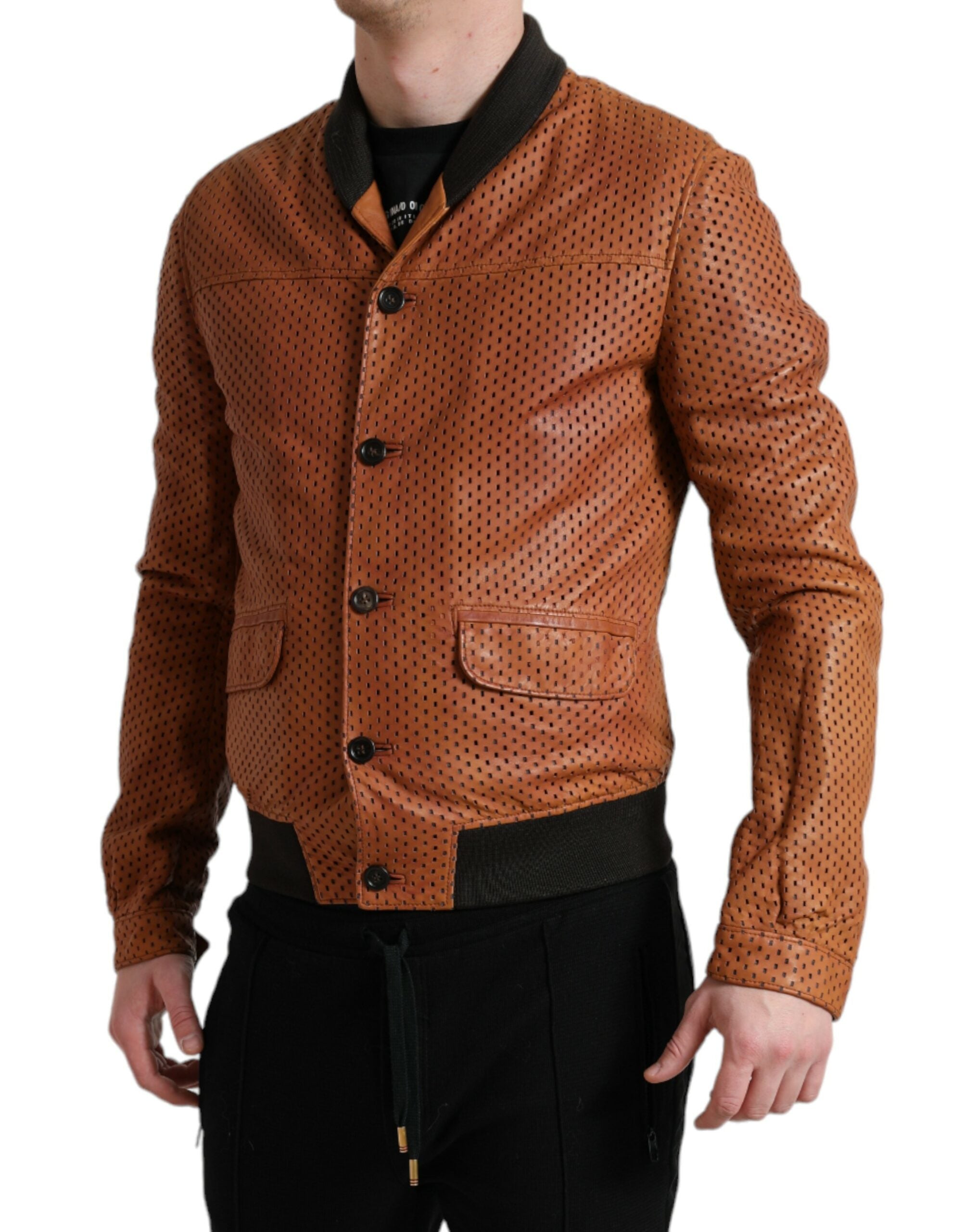 Dolce & Gabbana Braune Lammfelllederjacke mit Perforation