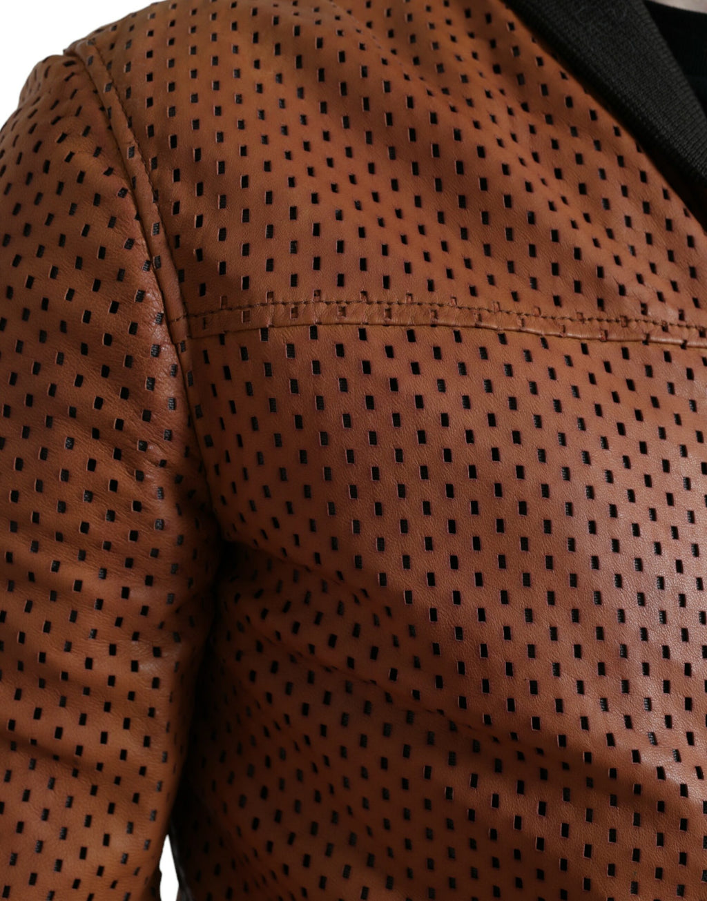 Dolce & Gabbana Braune Lammfelllederjacke mit Perforation
