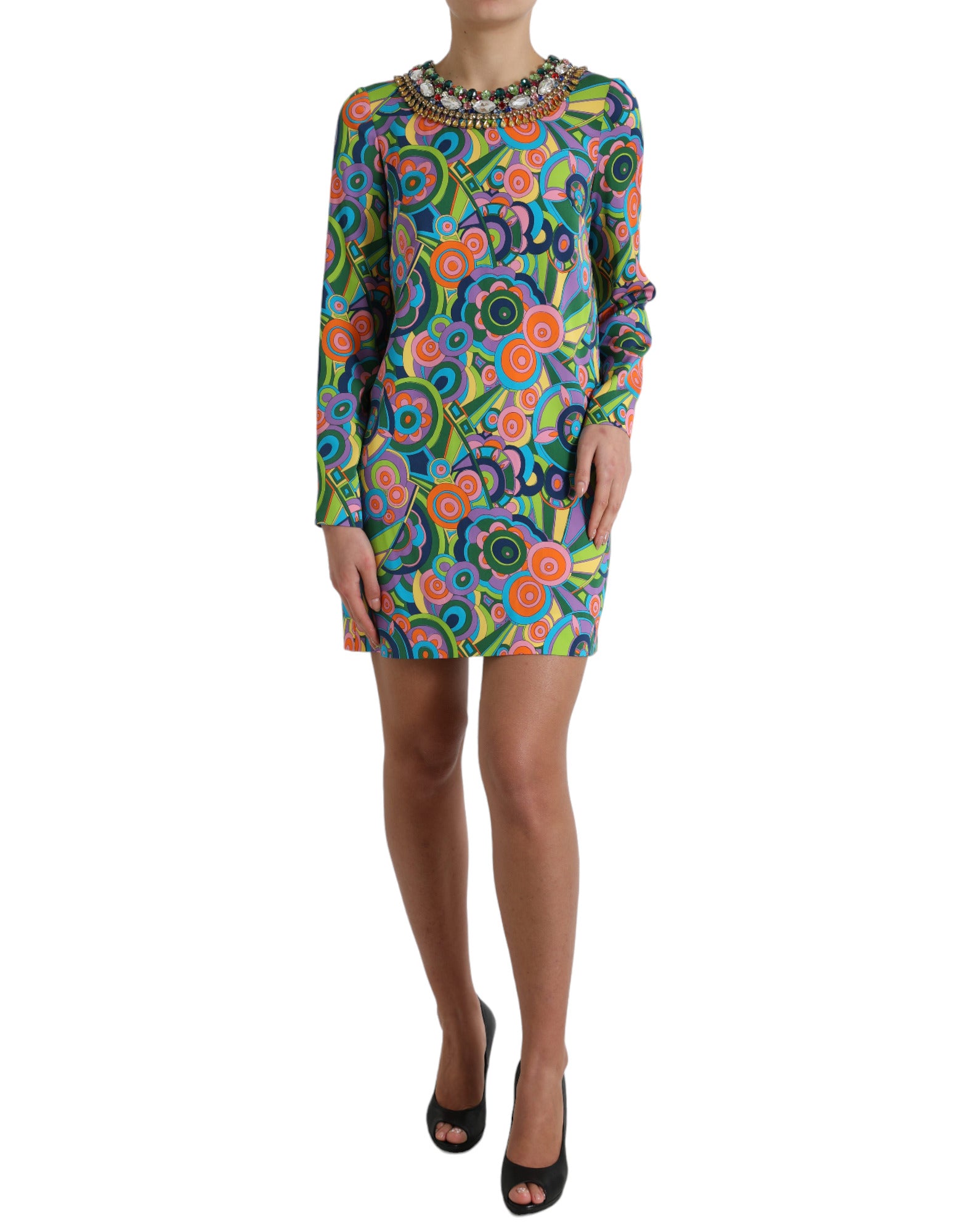 Dolce & Gabbana Multicolor Geometric Print Silk Crystal Midi Dress