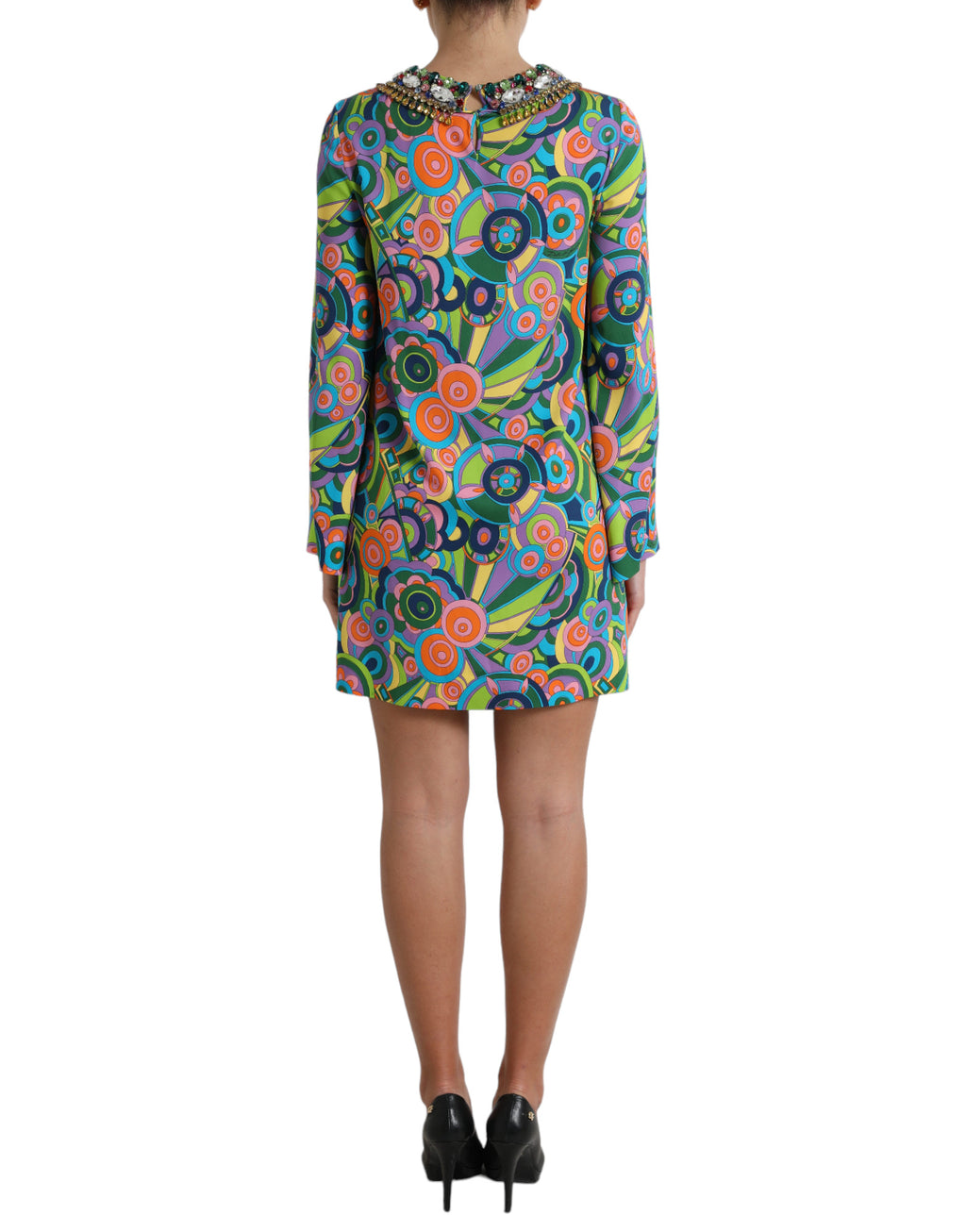 Dolce & Gabbana Multicolor Geometric Print Silk Crystal Midi Dress