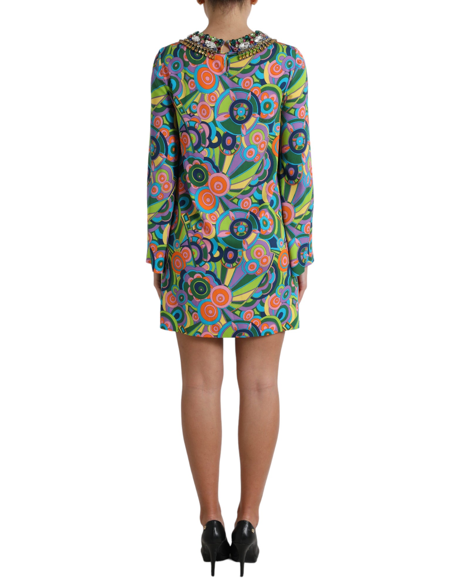 Dolce & Gabbana Multicolor Geometric Print Silk Crystal Midi Dress