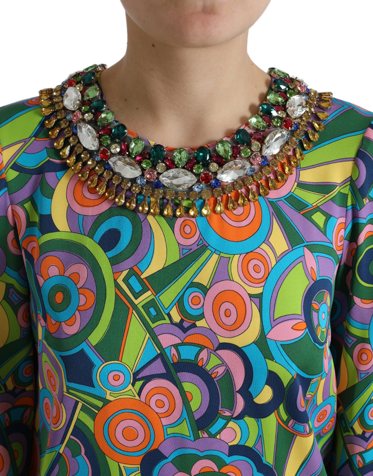 Dolce & Gabbana Multicolor Geometric Print Silk Crystal Midi Dress