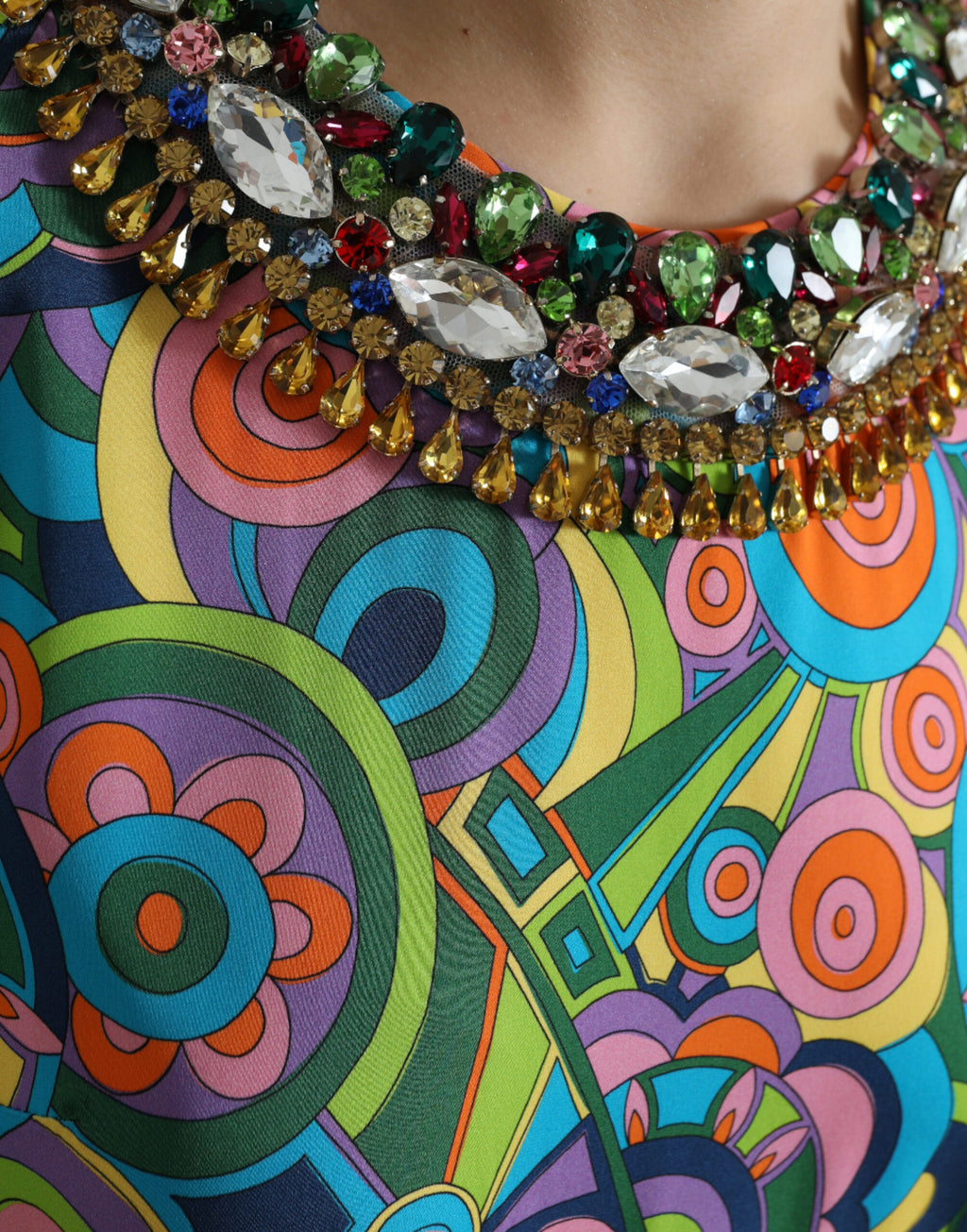 Dolce & Gabbana Multicolor Geometric Print Silk Crystal Midi Dress