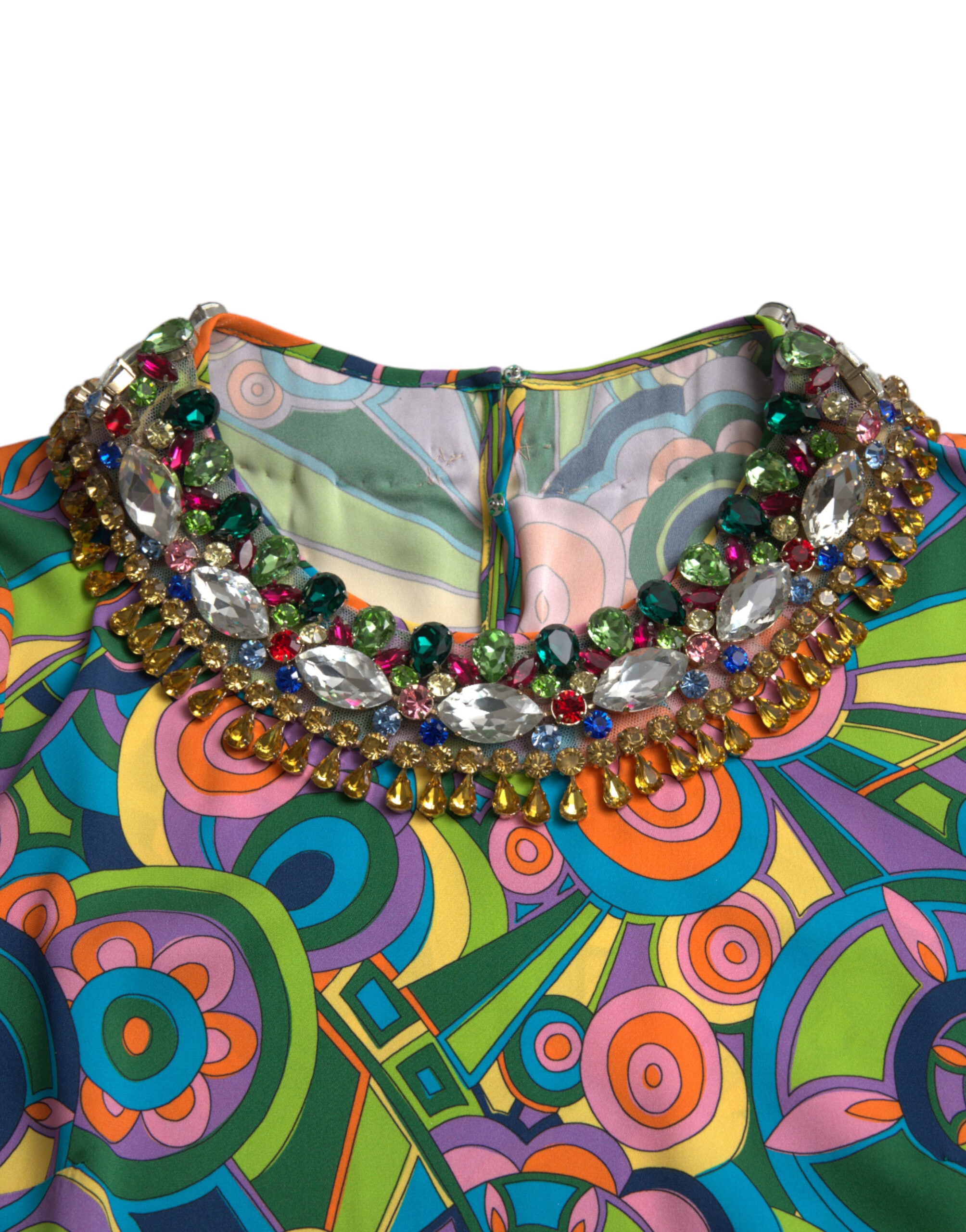 Dolce & Gabbana Multicolor Geometric Print Silk Crystal Midi Dress