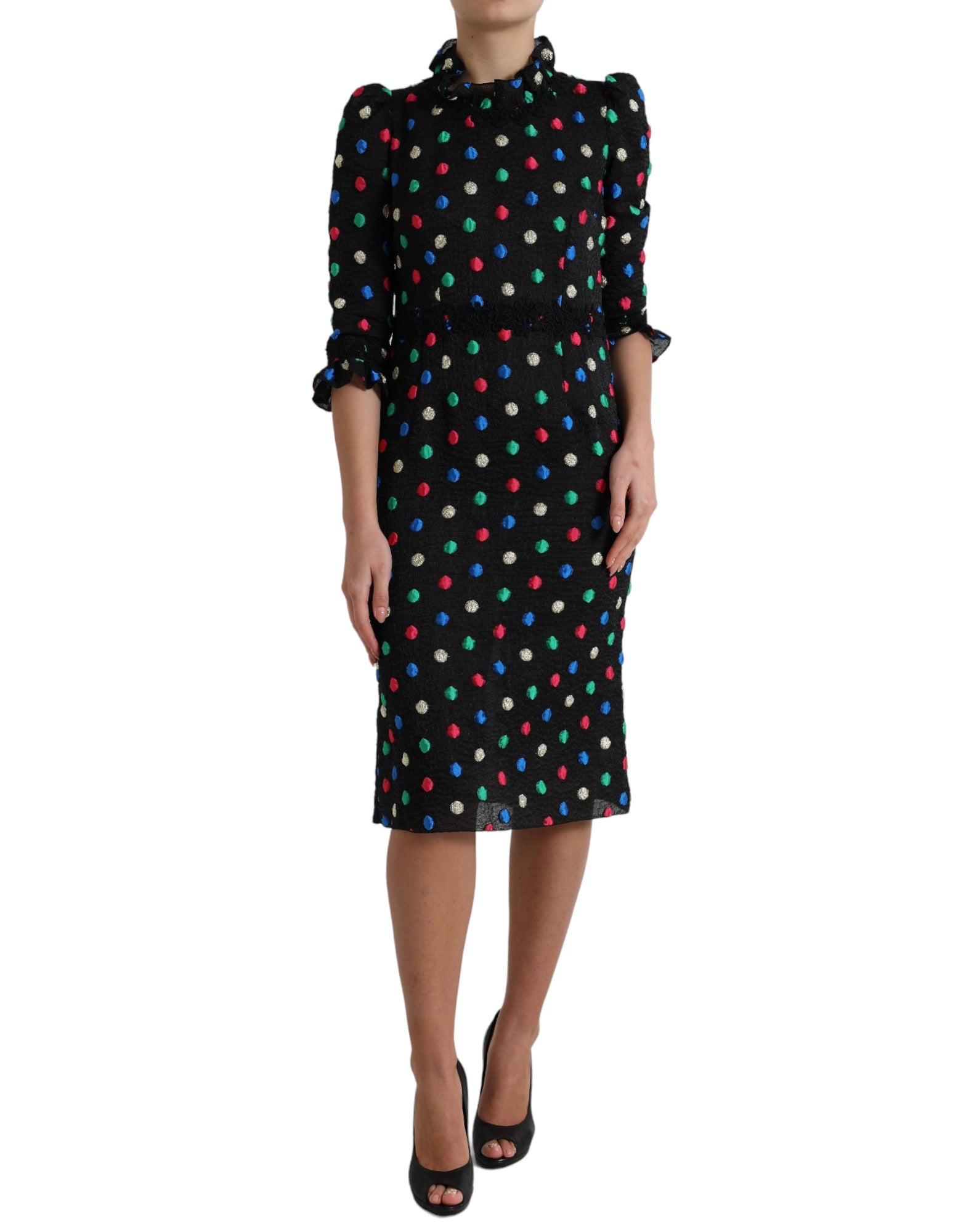 Dolce & Gabbana Black Polka Dot Ruffled Cotton Midi Dress