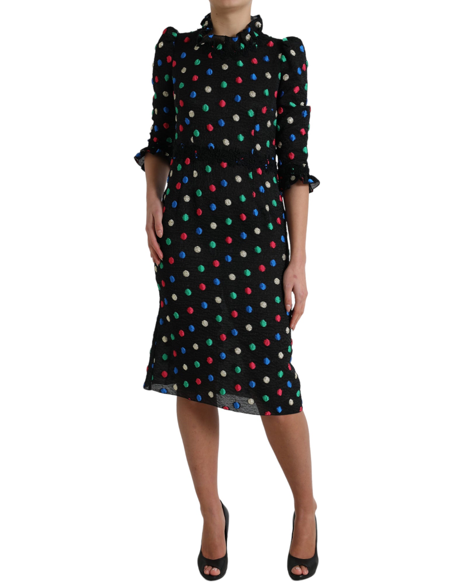 Dolce & Gabbana Black Polka Dot Ruffled Cotton Midi Dress